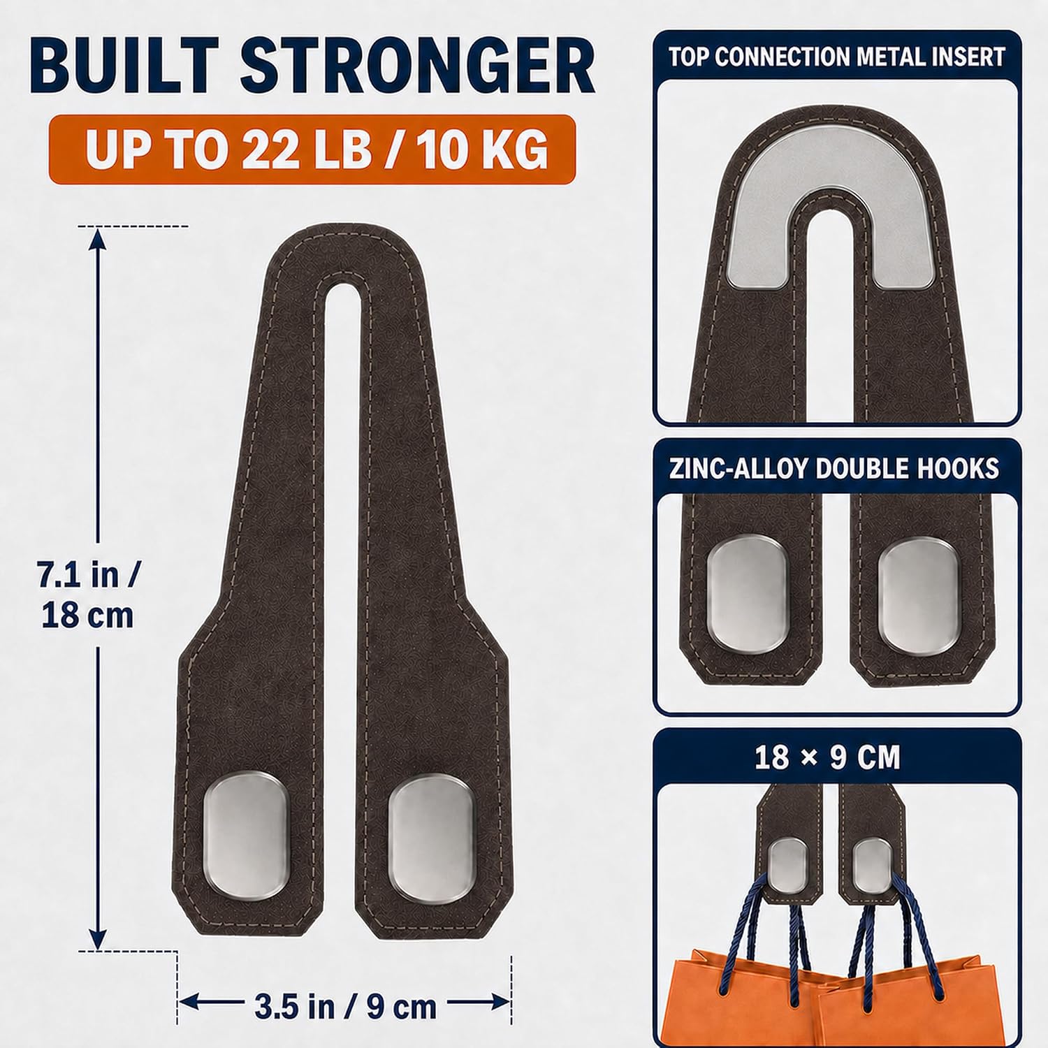 2 Pack Car Purse Hooks, Microsuede Headrest Hooks with Zinc Alloy Hangers(Brown) image 2