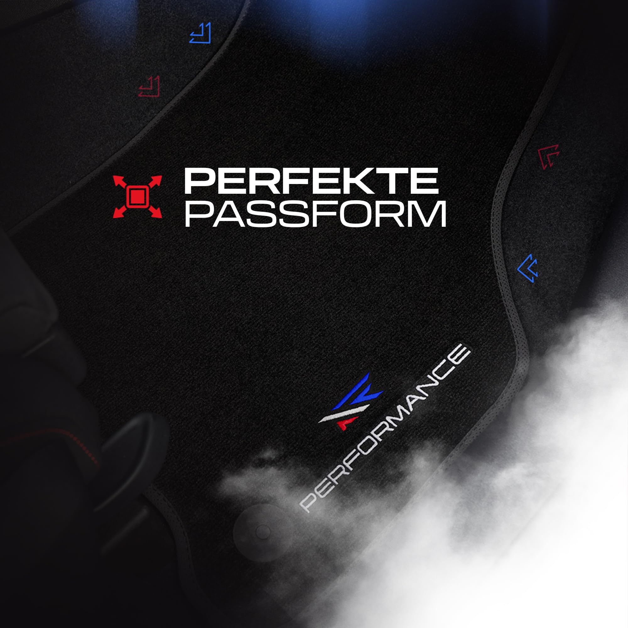 Performance Alfombras Coche de Velour Personalizadas Adecuado para Seat Ateca Desde 2016 - Premium, Perforado, Azul Blanco Rojo -Bordado CNC preciso, Ribete Perforado de diseño, Alfombrillas de Coche