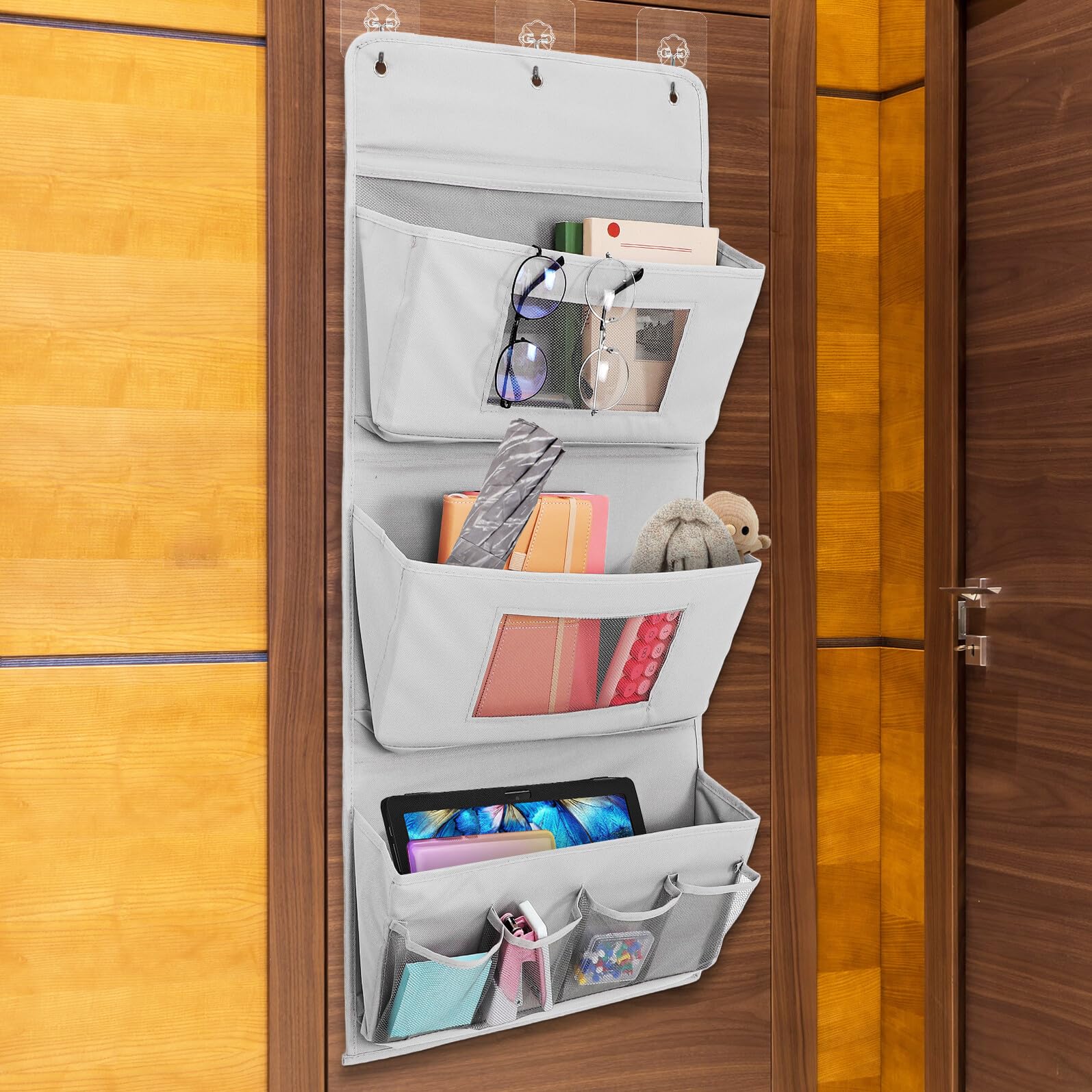 Organizer Appendibile da Porta in Tessuto Grigio Strati Portaoggetti con Tasche Multiple Resistente e Lavabile per Camera Soggiorno e Dormitorio