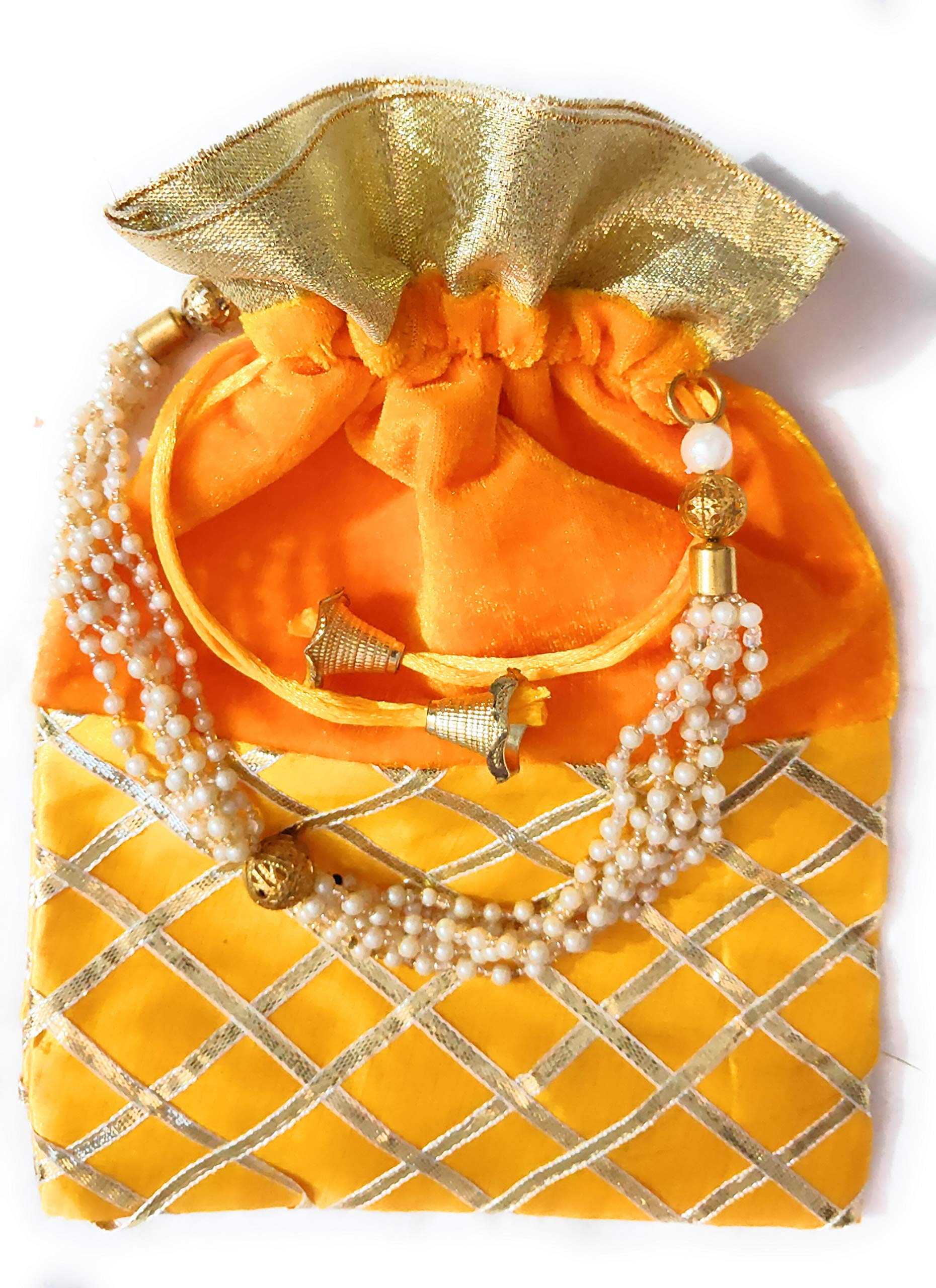 Indian Collectible - Juego de 6 bolsas de tela de seda y terciopelo para mujer, con asa de perla, para bodas, compromisos y festivales, Multi