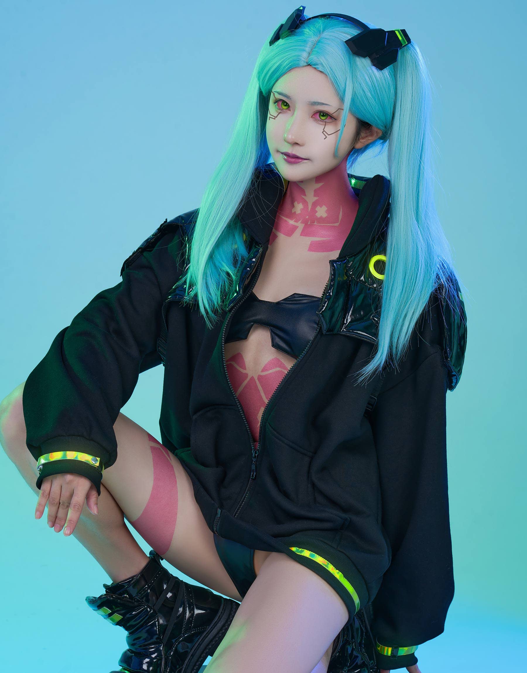 Cosplay.fm Women’s Cosplay Costume Punk Jacket Set with Shoe Cover Hair Band and Stickers: Small Black