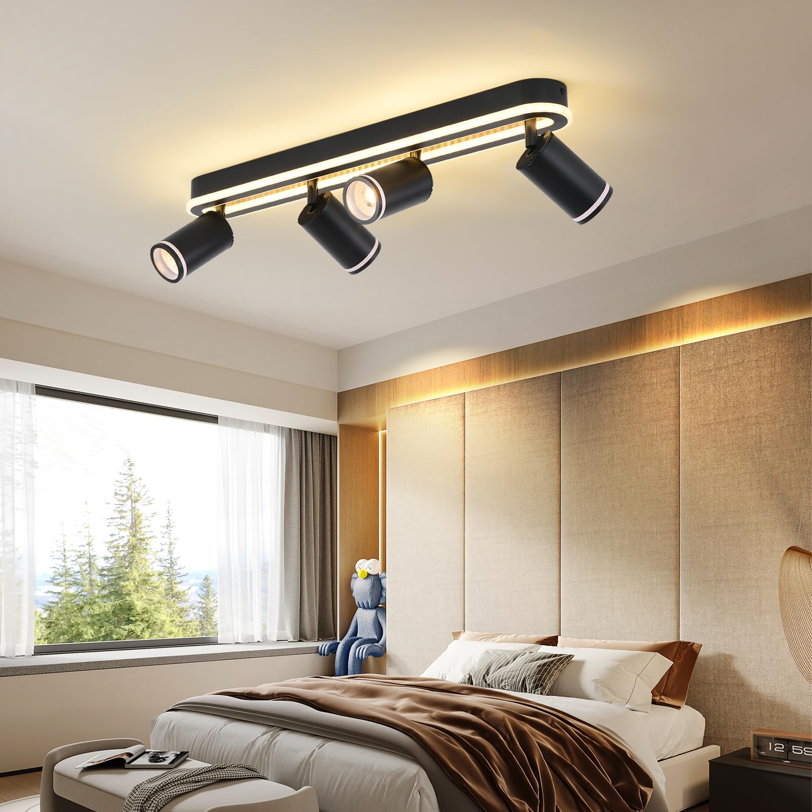 MYCUL Lampara tech 4 llamas orientable 350°,Foco de techo con resplandor inferior 36W+4x5W focos GU10,3000K blanco cálido focos led interior,Lámpara de techo moderna,Foco para cocina,Salón Negro