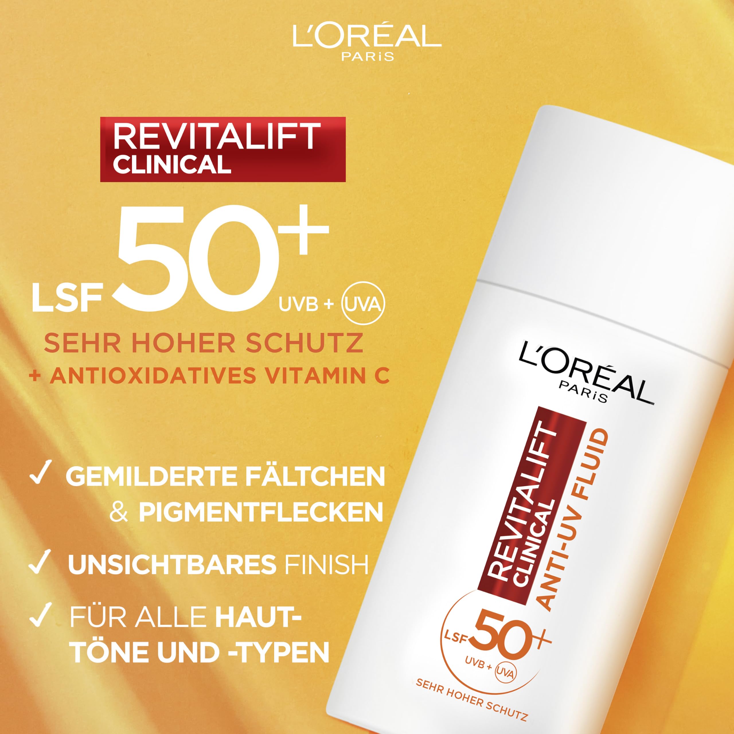 L'Oréal Paris Gesichtspflege-Set mit Vitamin C Serum und Anti-UV-Fluid mit LSF 50+, Für einen strahlenden Hautton, Gegen erste Anzeichen der Hautalterung, Revitalift Clinical Vitamin C, 30 ml + 50 ml