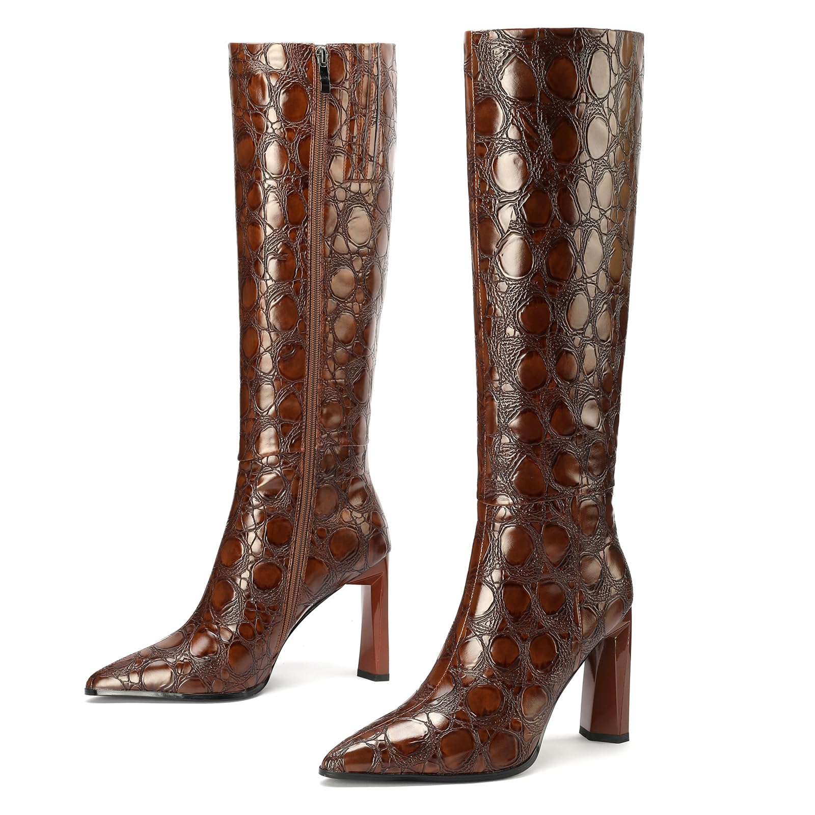 TDD Pointed Toe Boots for Women Brown Knee High Heels Chunky Ladies Tall Long Faux Leather Fashion Trendy