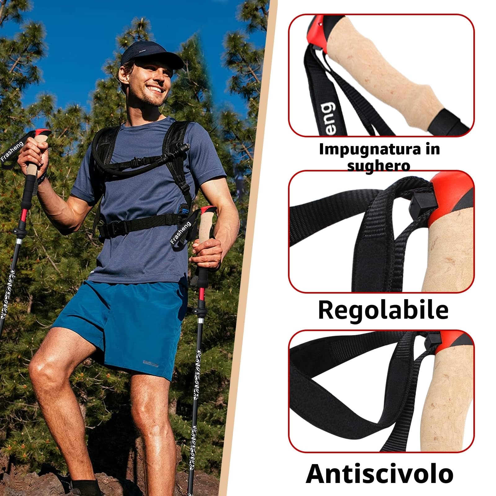 Frasheng Bastoni Trekking 2 Pezzi Pieghevoli, 7075 Alluminio, Nordic Walking Bastoncini, con manico in sughero, Borsa e 4 paia di puntali in gomma, 115-135cm, Nero