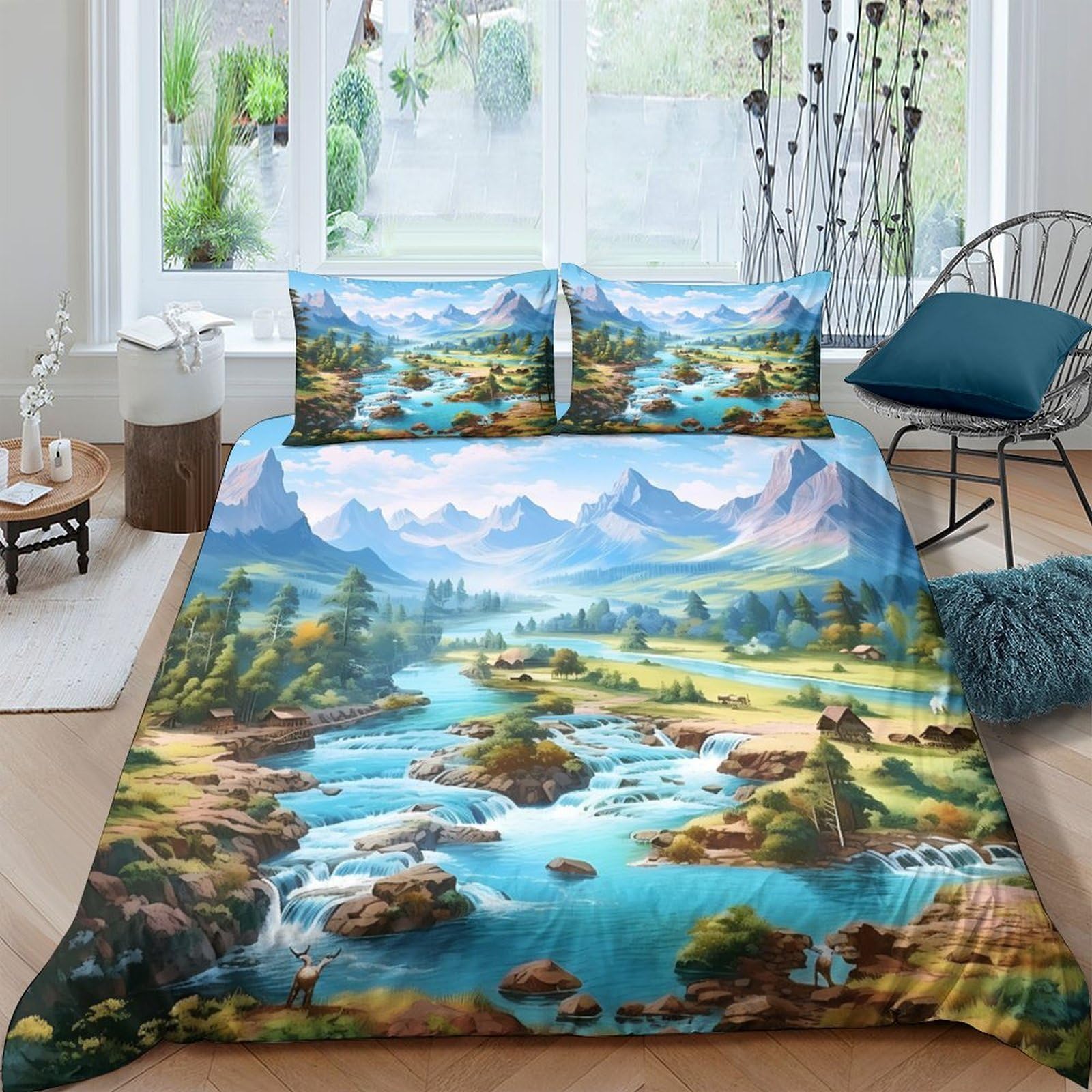 GPLZQXKJNH 3D Printed Mountain River Landscape Duvet Cover Microfiber Soft Breathable Forest Valley Bedding Set with 2 Pillowcases for Bedroom Decor Single（135x200cm）