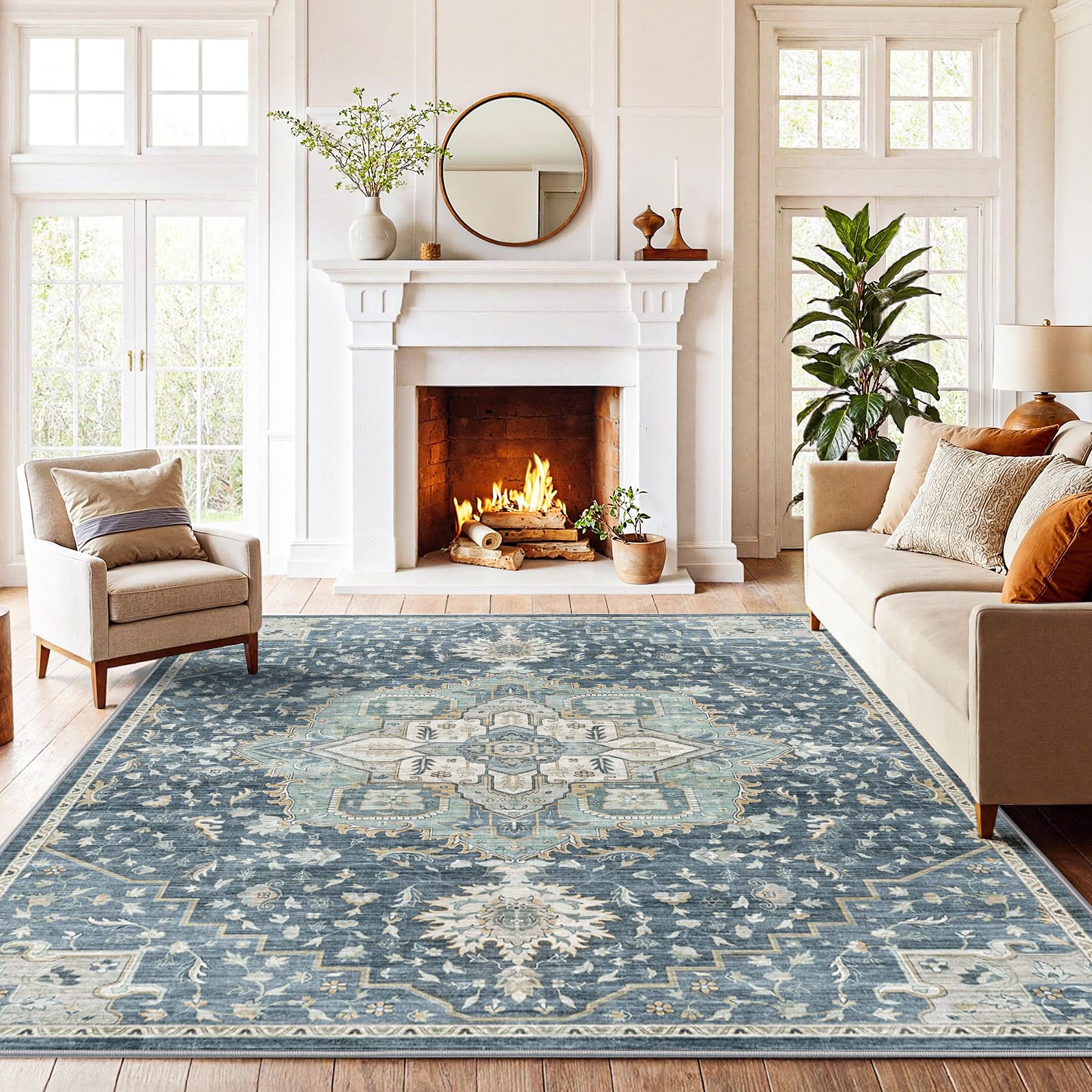 AMADA HOMEFURNISHING 6x9 Area Rugs, Blue Low-Profile Washable Rug with Non-Slip Backing & Durable Edge Binding, Vintage Rugs for Living Room, Bedroom,