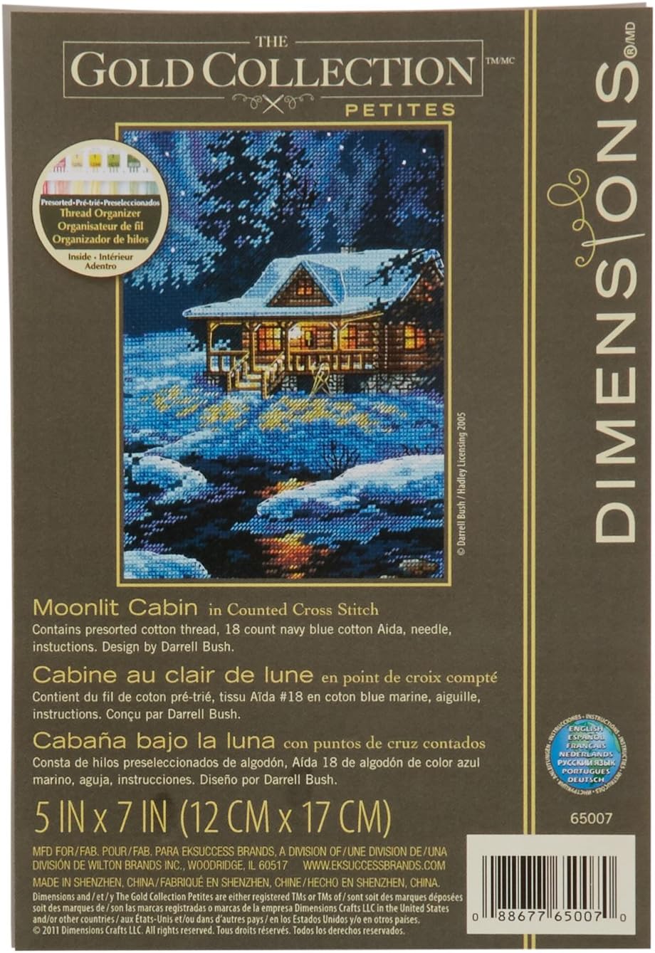 Gold Collection Counted Cross Stitch Kit, Moonlit Cabin, 18 Count Navy Blue Aida, 5'' x 7''