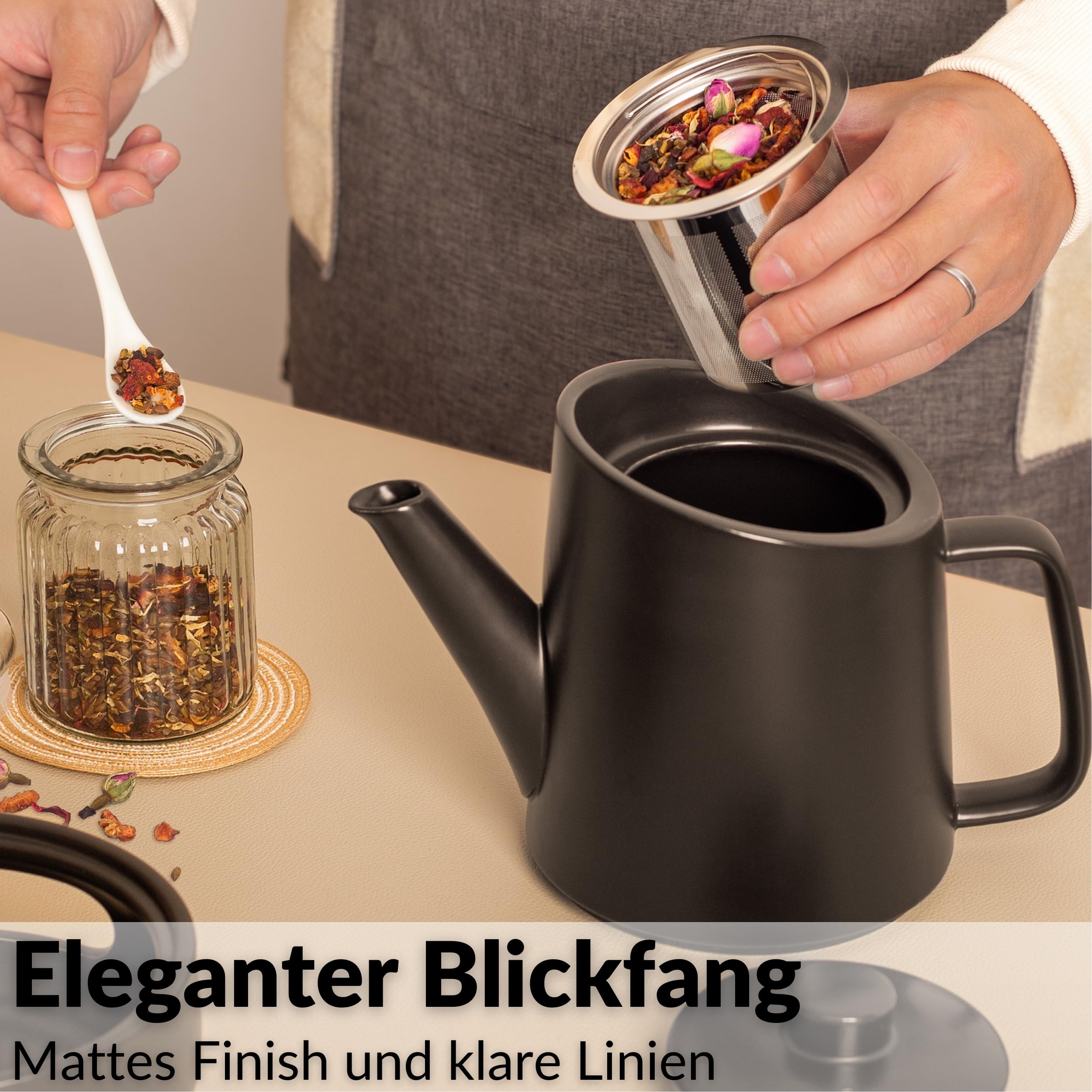 DEKAZIA® Keramik Teekanne mit Siebeinsatz und Stövchen Set - Großer Teapot für losen Tee, 1,2L Porzellan Kanne mit Edelstahl Filter und Teelicht Wärmer Schwarz Steingut