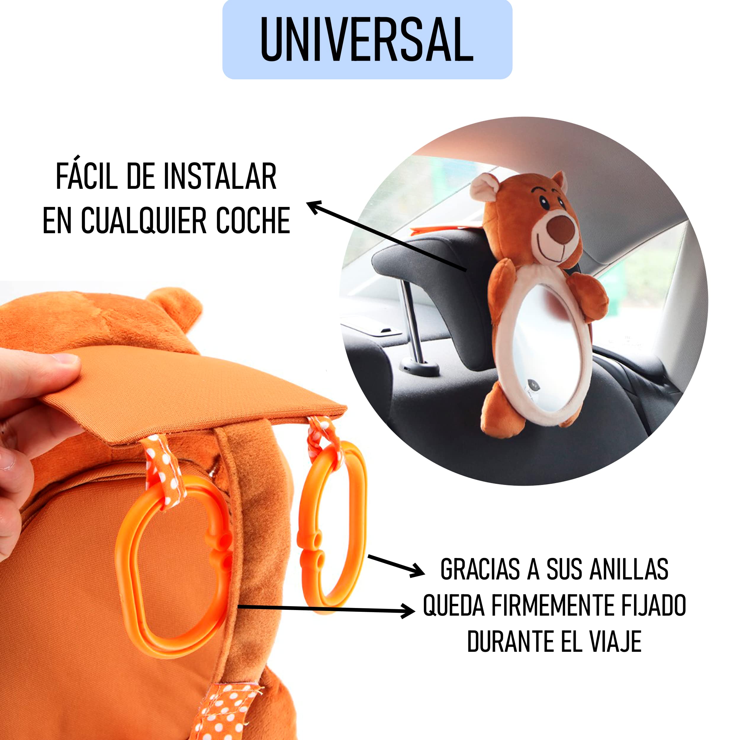 Espejo Coche Bebé Asiento Trasero de Osito de Peluche. Espejo Retrovisor de Bebé para los Asientos Traseros. Accesorio de Coche Universal. Seguro y Fácil de Instalar