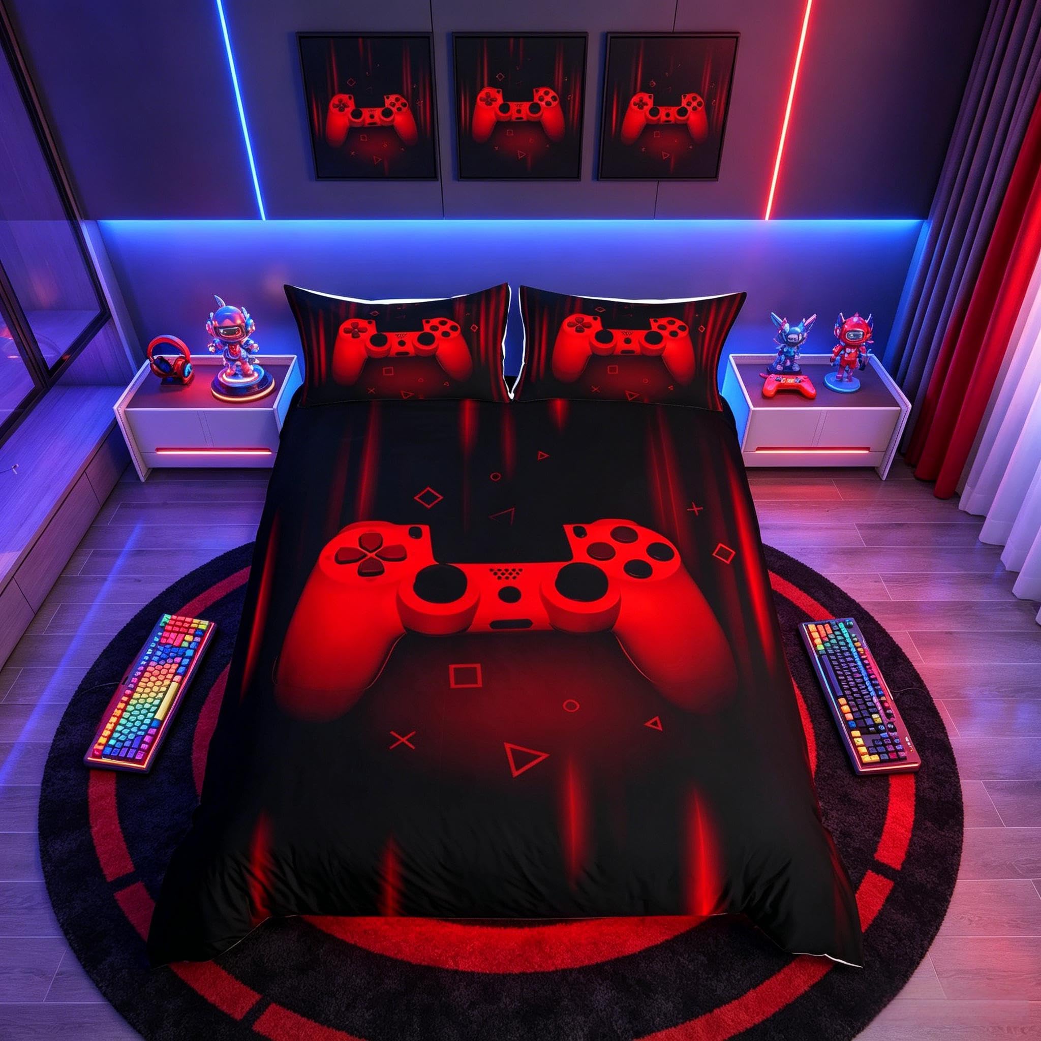 Richhome Boys Black Red Gamer Duvet Cover Gaming Kids Video Games Bedding Set For Child Gamer Room Decor Super Soft Red Black Bed Cover Microfiber Game Geometric Bedding Bedclothes Gamer Gift Double