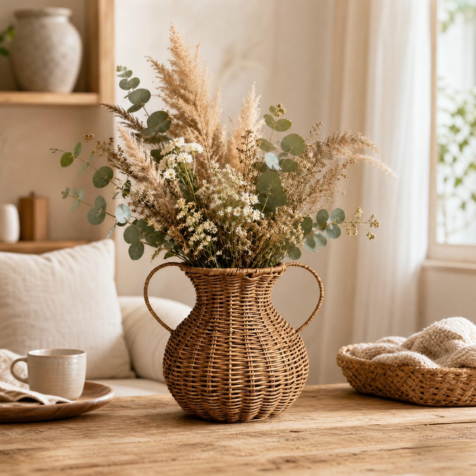 Gralara Cestino in PP Intrecciato Robusto Coprivaso a Forma a Vaso Portatile Portavaso per Piante da Interno, Soggiorno