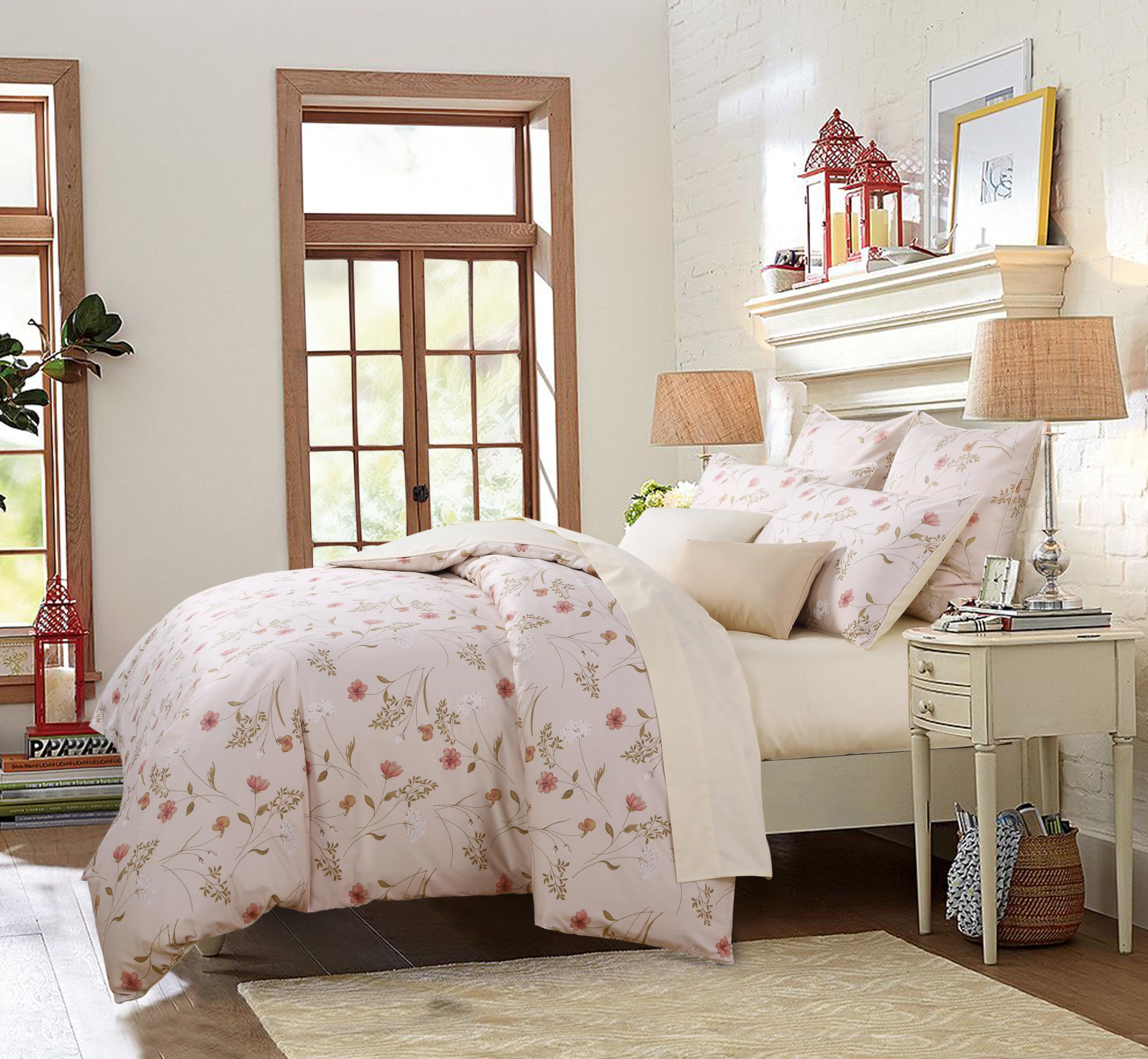USTIDE Rustic Beige Floral Duvet Cover Set 3Pcs Quilt Cover Set including 2 Pillow Cases All Season Duvet Set,Double Size - Image 2