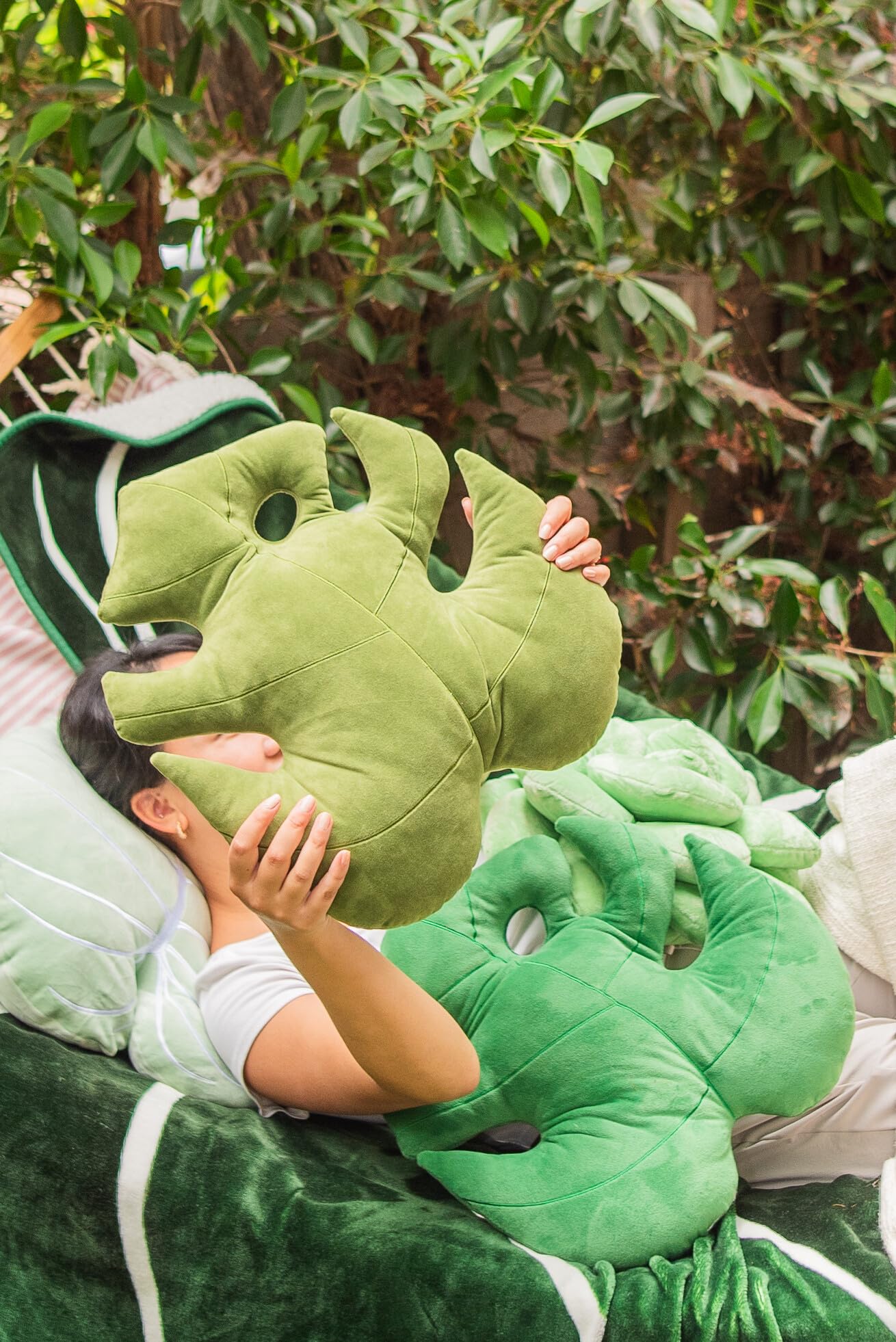 Green Philosophy Co. Plush Succulent Leaf Pillow 3D Accent Anthurium Warocqueanum Plant Throw Pillows for Couch Sofa Living Room Home Decor for Plant & Garden Lovers, Green Thumb Family & Friends: Monstera Deliciosa - Mossy Earth