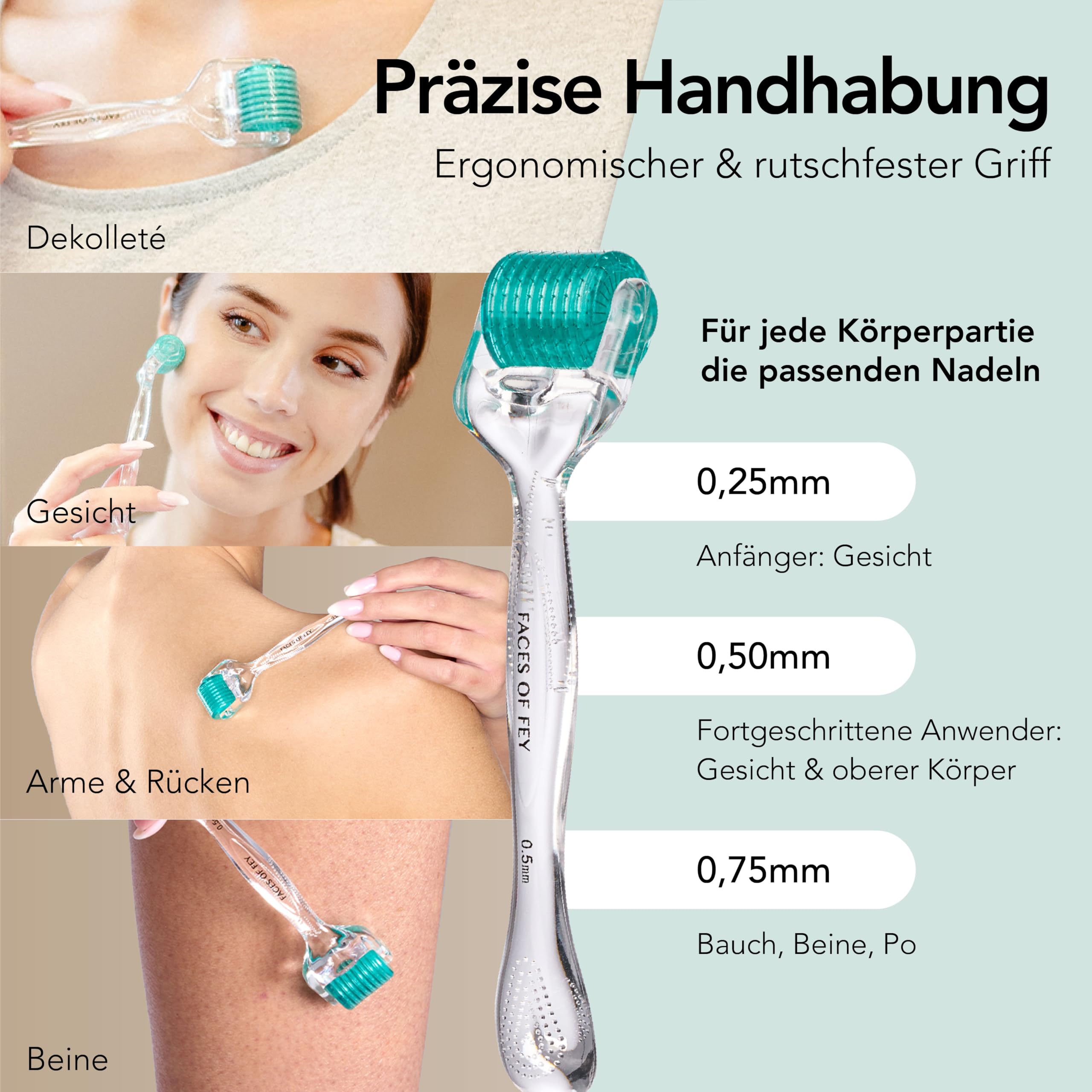 FACES OF FEY Dermaroller Gesicht 0,5mm – 192 Echte Nadeln aus Chirurgenstahl – Microneedling Roller für Gesicht & Körper – Derma Roller für professionelles Micro Needling zuhause