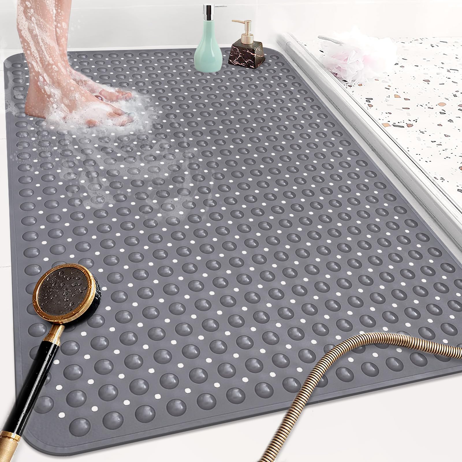 Grand tapis de douche antidérapant 80 x 120 cm : tapis de douche en TPE souple avec trous de drainage et ventouses – Tapis antidérapant de douche lavable en machine antibactérien et résistant
