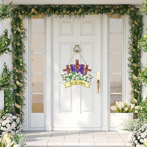 Miniatura 6 de Letrero de puerta con texto en inglés He Is Risen religioso de Pascua decoración colgante de madera de Jesús para casa de campo puerta delantera