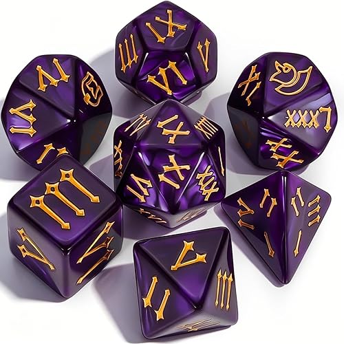 CiaraQ Polyhedral Dice Set, 7 Pieces Acrylic RPG Dice for D&D with Black Velvet Bag – Deep Purple Pearl with Gold Roman Numerals – Standard Size – Ages 14+