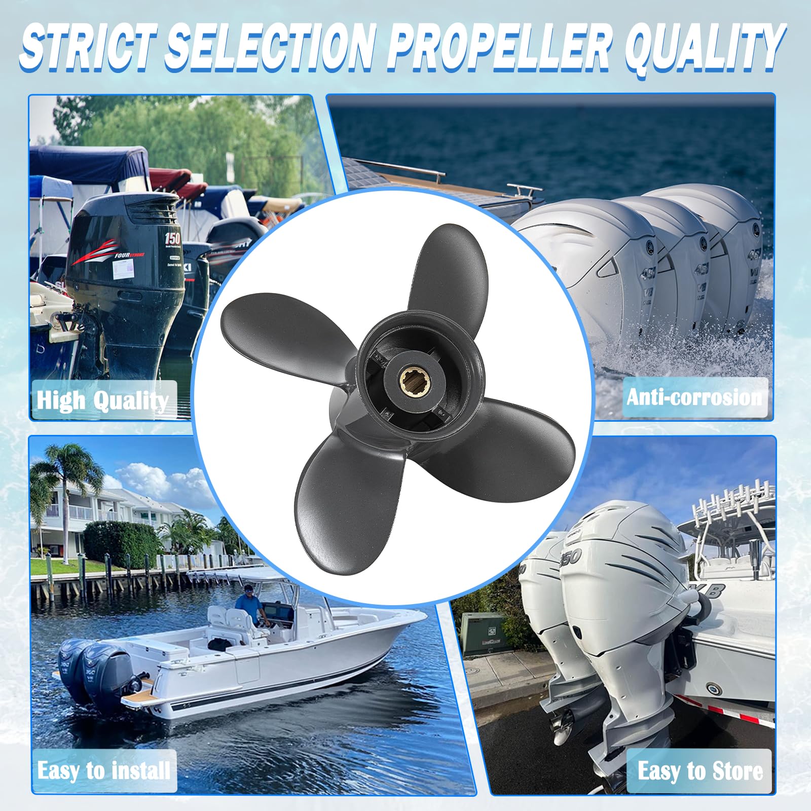 Hélice de bateau hors-bord en aluminium 9 1/4 x 10 pour moteurs Honda 8-20 HP 8 cannelures, pièces OEM n° 58134-ZV4-010AH, HR, 9,25 x 10, hélice, 4 lames