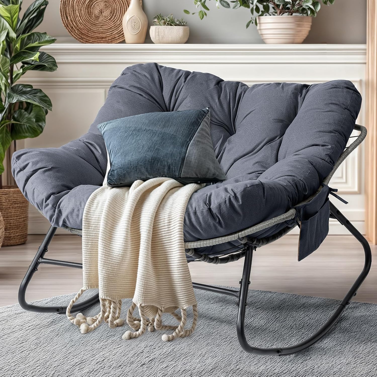 LotFun Outdoor Papasan Rocking Chair with Cushion & Side Pockets