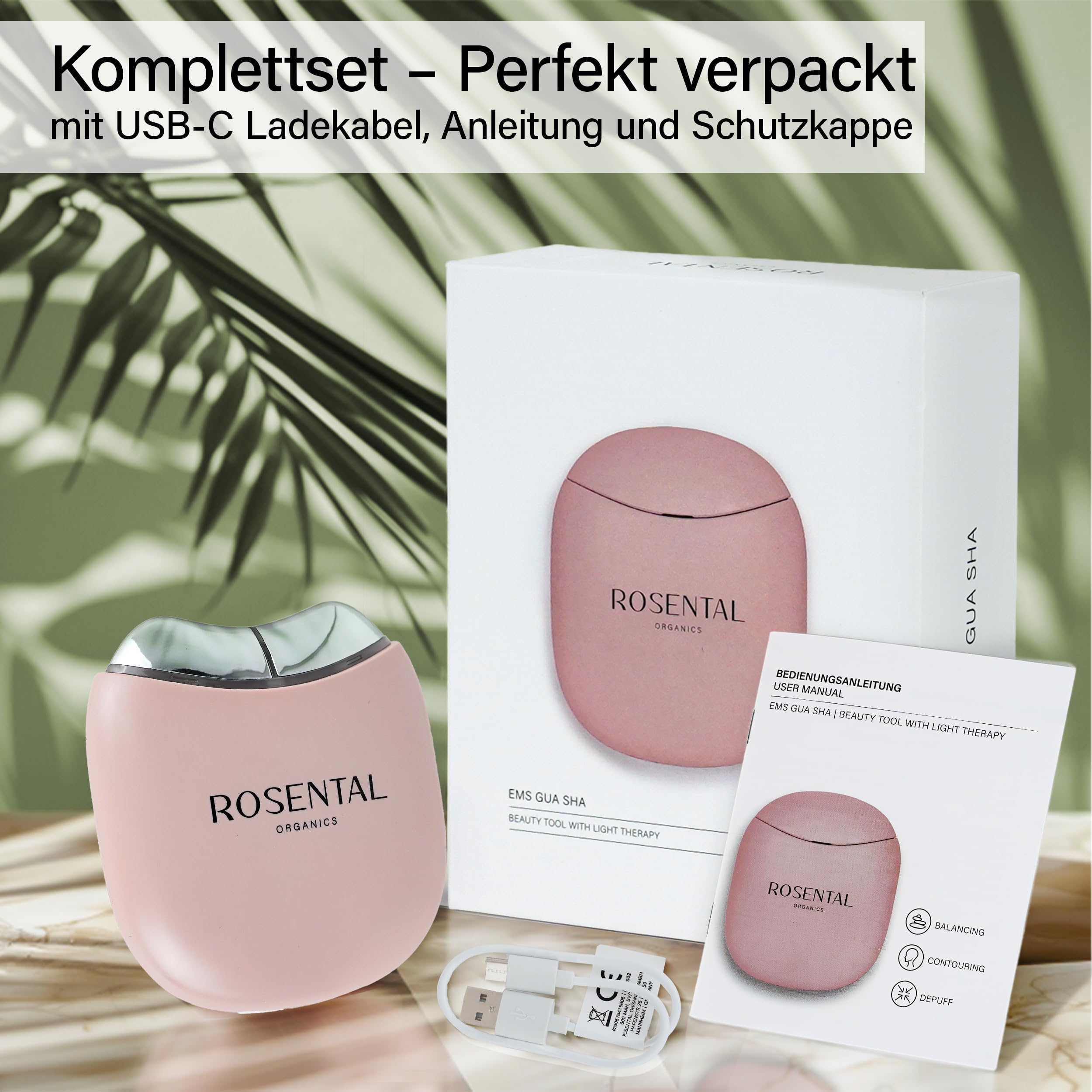 Rosental Organics EMS Gua Sha Urządzenie do Masażu Twarzy - Terapia LED Niebieskim, Zielonym i Czerwonym Światłem - Konturowana, Jędrna i Równomierna Cera - Wszystkie Rodzaje Skóry