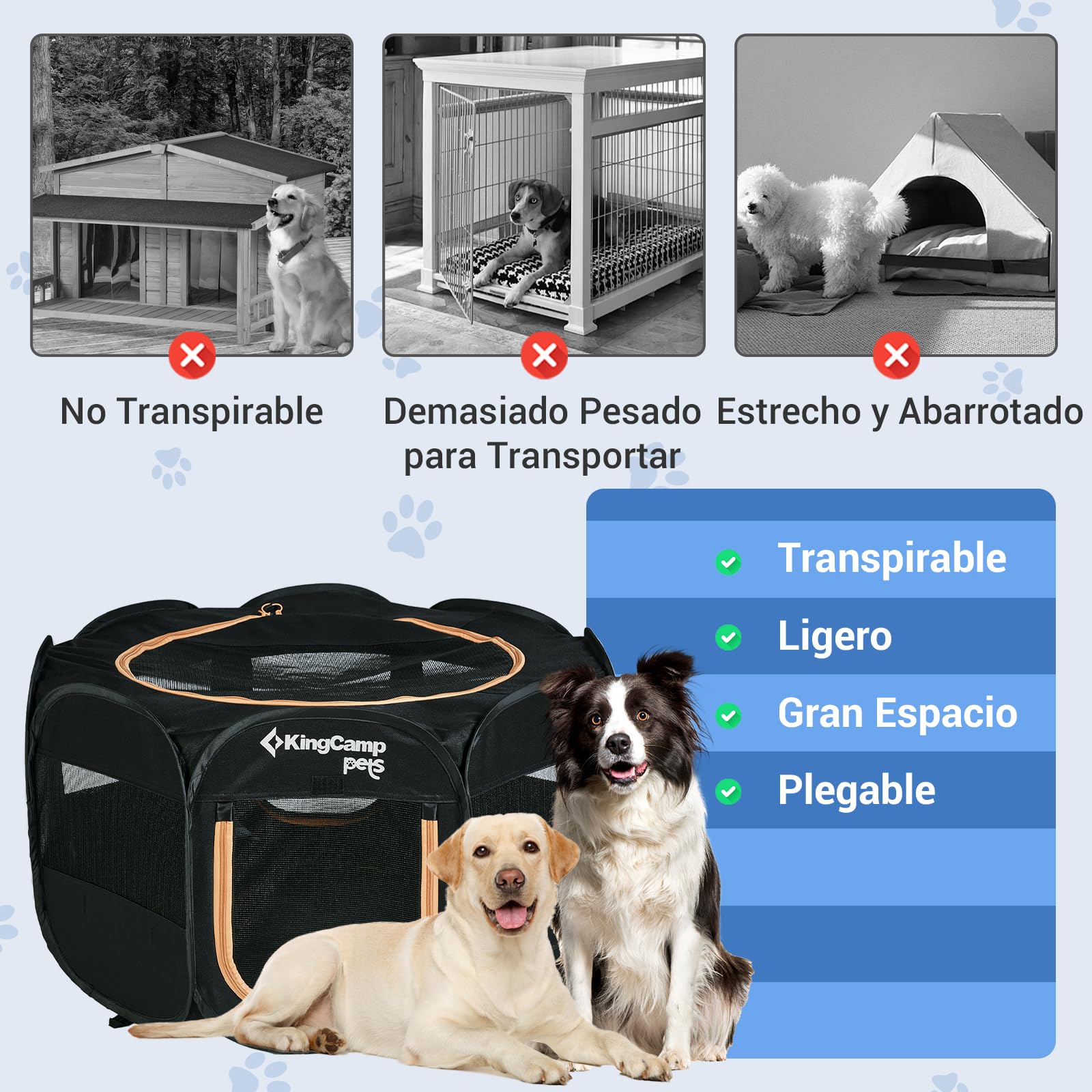 KingCamp Parque para Perros 91 x 91 x 58 cm, Parque Plegable para Mascotas con Ventanas de Malla, Portátil Parque para Gatos Cachorro Conejo Exterior Interior, Jaula Perros de Tela Oxford, Negro M
