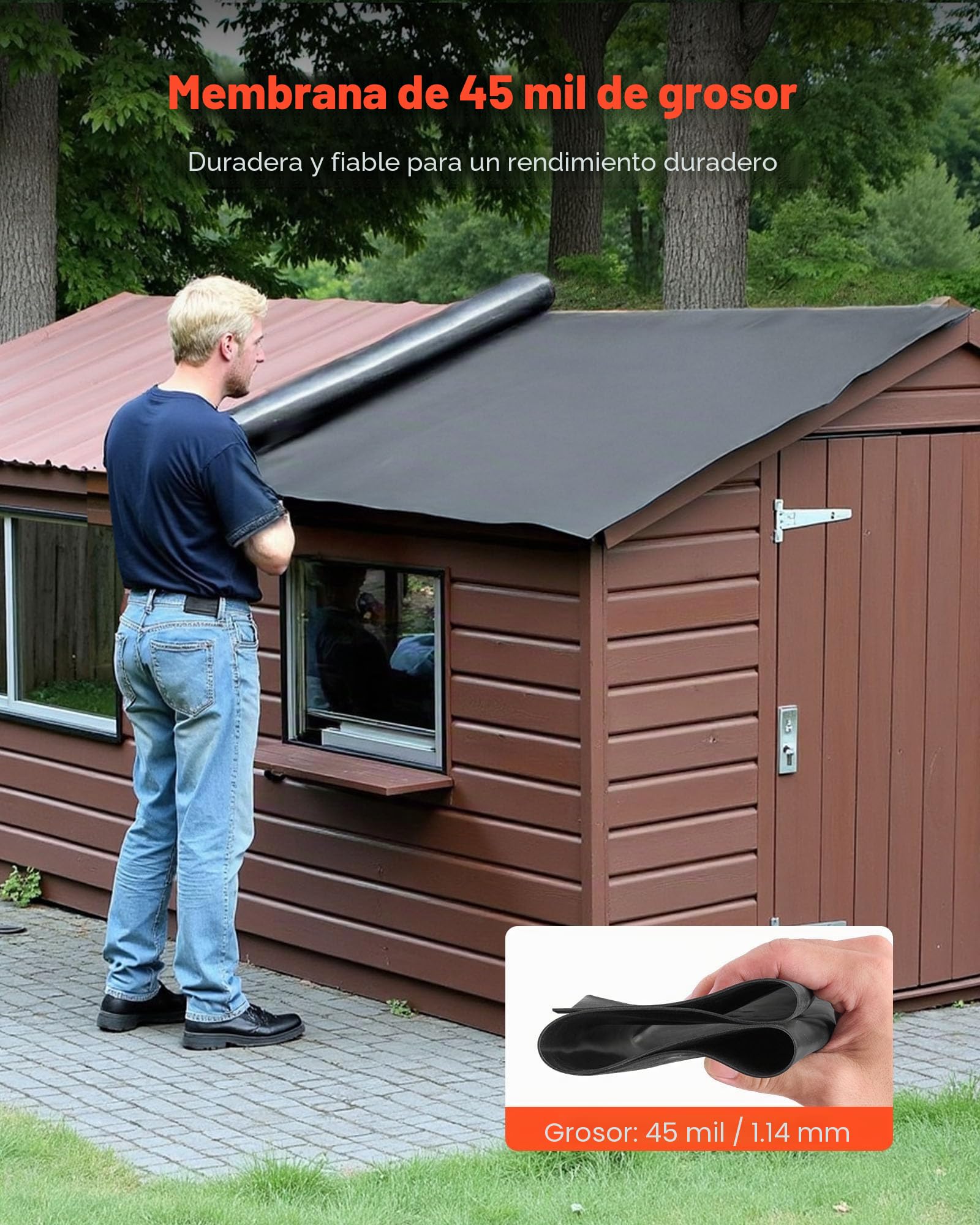 VEVOR Membrana para Techos de 6,096 x 7,62 m, Lámina de EPDM de 1,14 mm, Impermeabilización, Duradera y Resistente a la Intemperie, Base para Autocaravanas, Techos y Estanques, Negro, 1 Rollo
