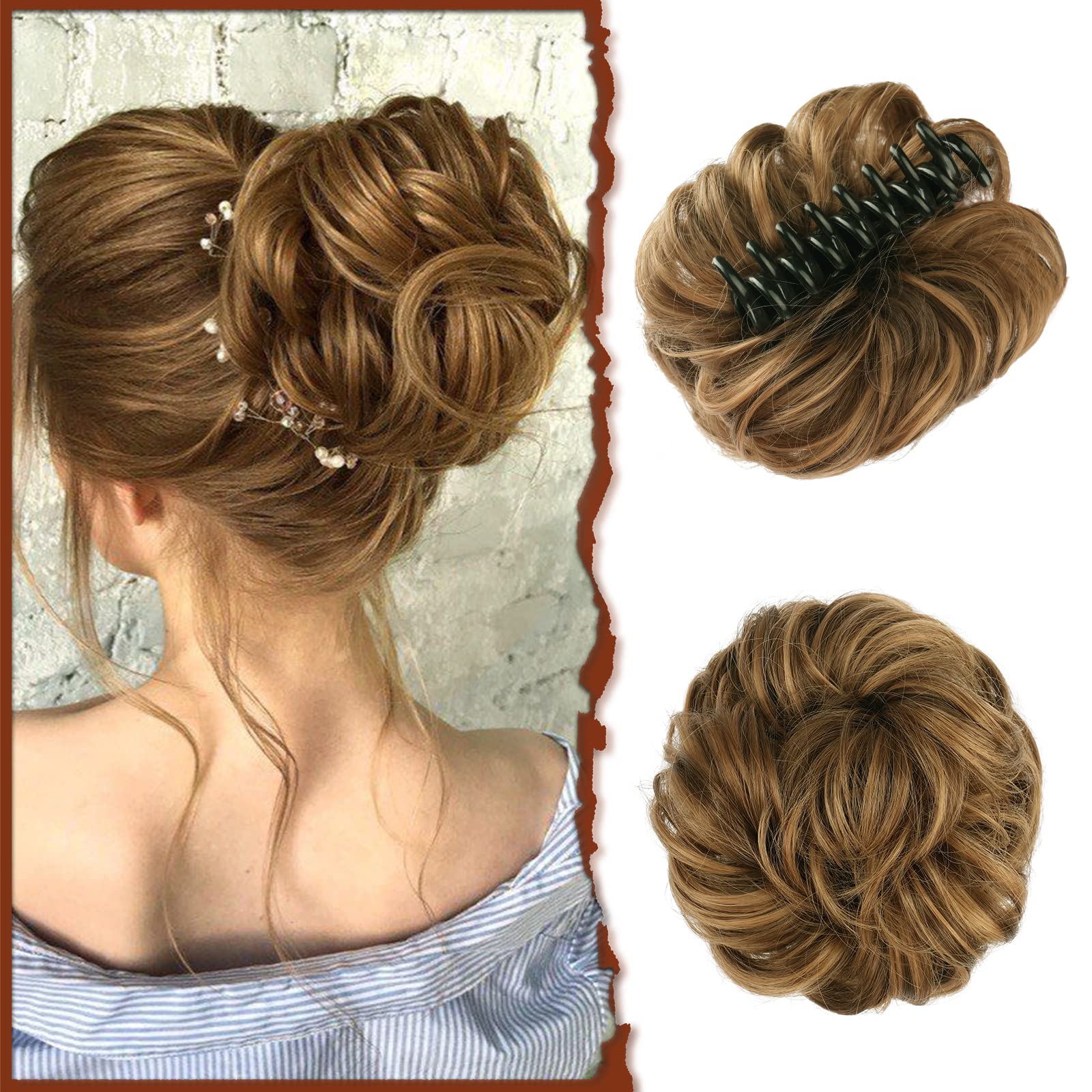 Sofeiyan Claw Clip Messy Bun Hair Piece Wavy Curly Hair Bun Clip in Claw Chignon Ponytail Hairpieces Synthetic Tousled Updo Hair Extensions Scrunchie Hairpiece for Women, Ash Brown Mixed Golden Brown