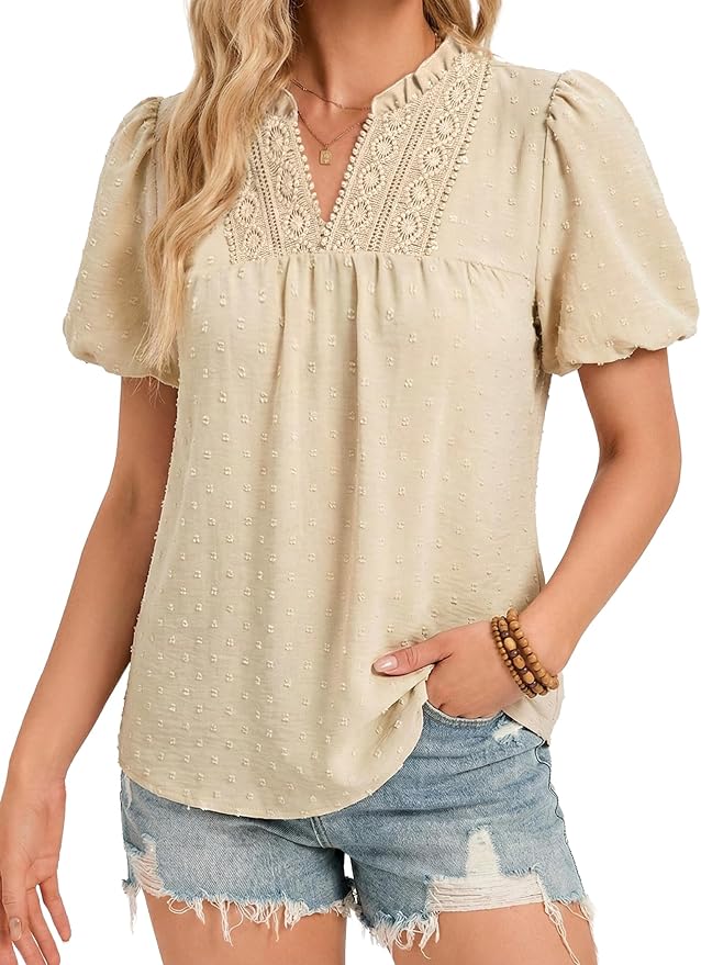 Funlingo Womens Boho Tops Summer Short Puff Sleeve V Neck Blouses D...