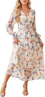 Womens Floral Long Sleeve Maxi Dress V Neck Chiffon Flowy Boho A-Line 20...