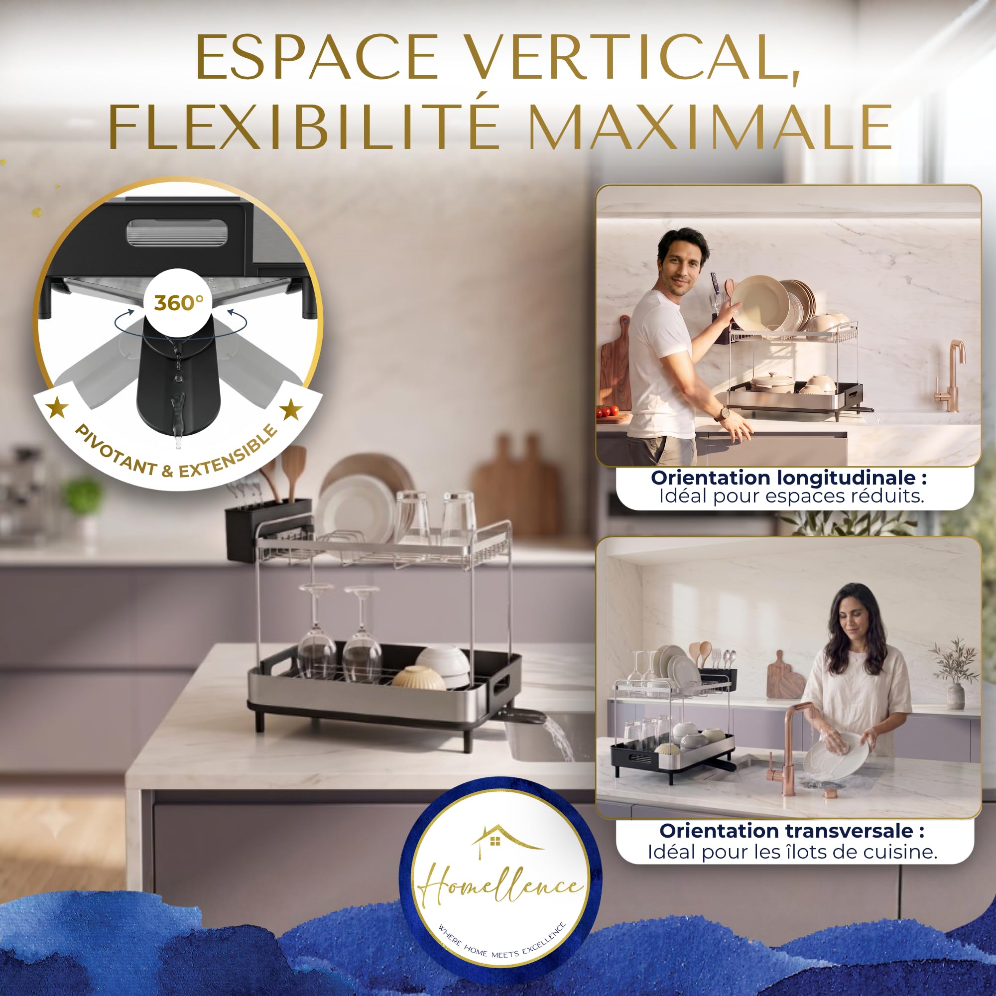 Homellence Égouttoir à Vaisselle 2 Niveaux, Égouttoir Cuisine Compact, Noir