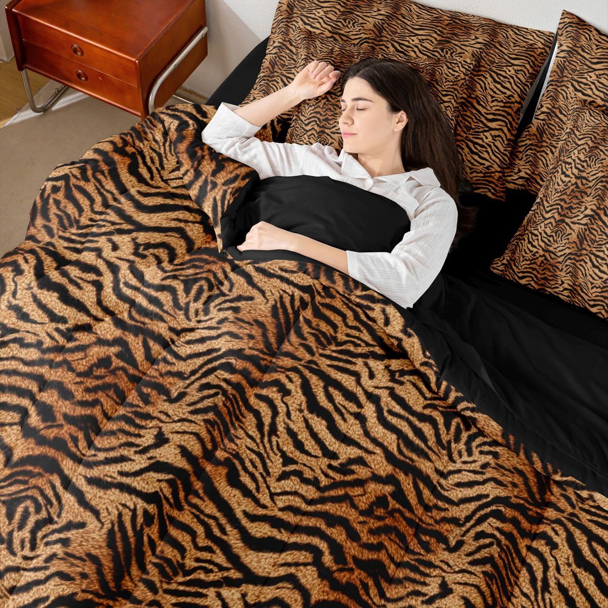Erosebridal Brown Tiger Print Queen Comforter Set for Women Men Adults - Simulated Animal Fur Printed Wild Tiger Fur Print 7-Piece Bedding Set Tigerish Animal Printed Quilt Duvet Sets