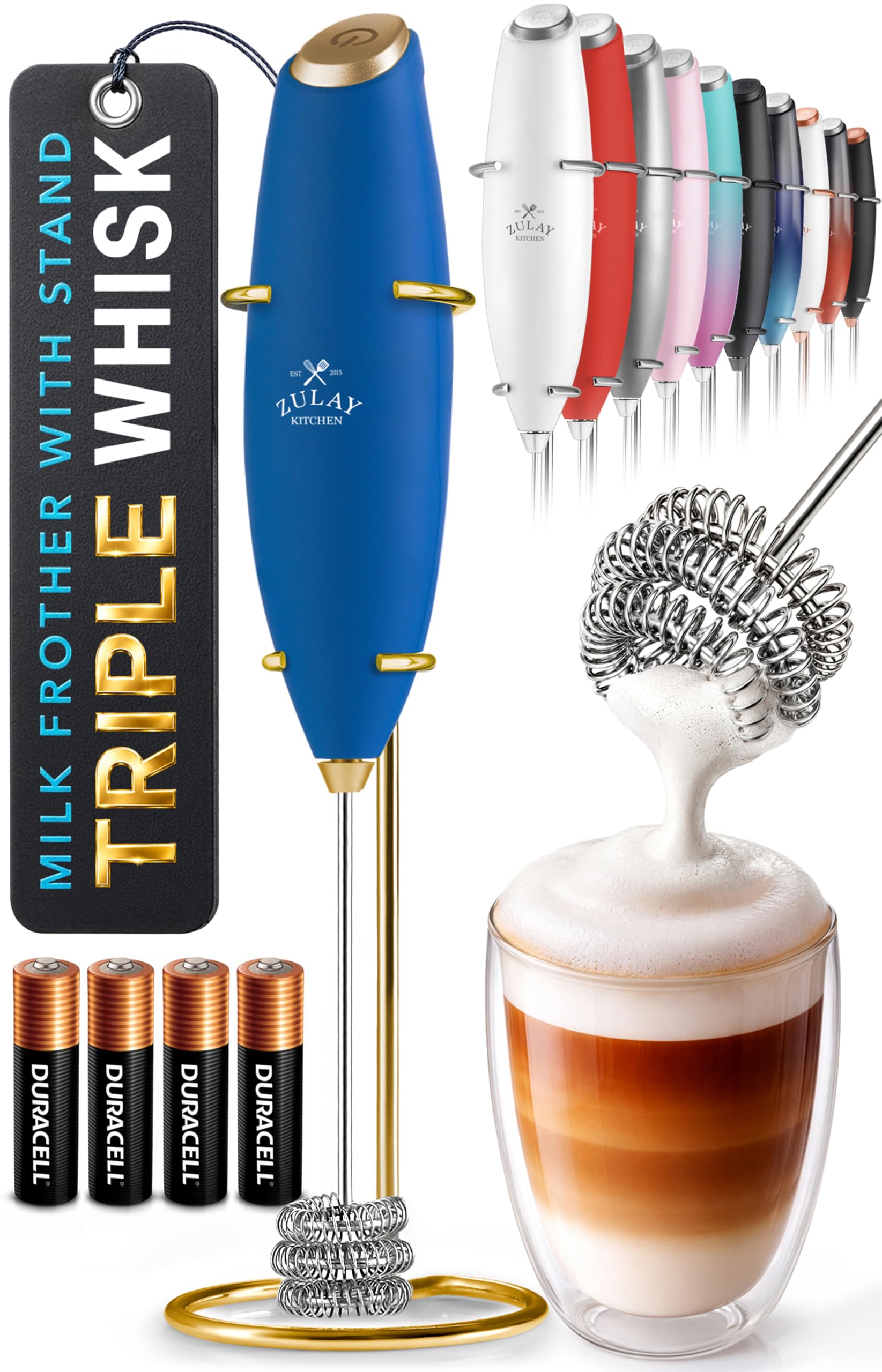Zulay Kitchen Powerful Milk Frother Wand With Duracell Batteries - Ultra Fast Handheld Drink Mixer - Electric Whisk Foam Maker for Coffee, Lattes, Cappuccino &amp; Matcha - Triple Whisk - Prussian Gold