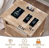 Vista 4 de Fluted Nightstand with Charging Station, 22" Large Modern Side Table, Wood End Table w/Open Shelf & Spacious Tabletop, Bedside Table with Storage