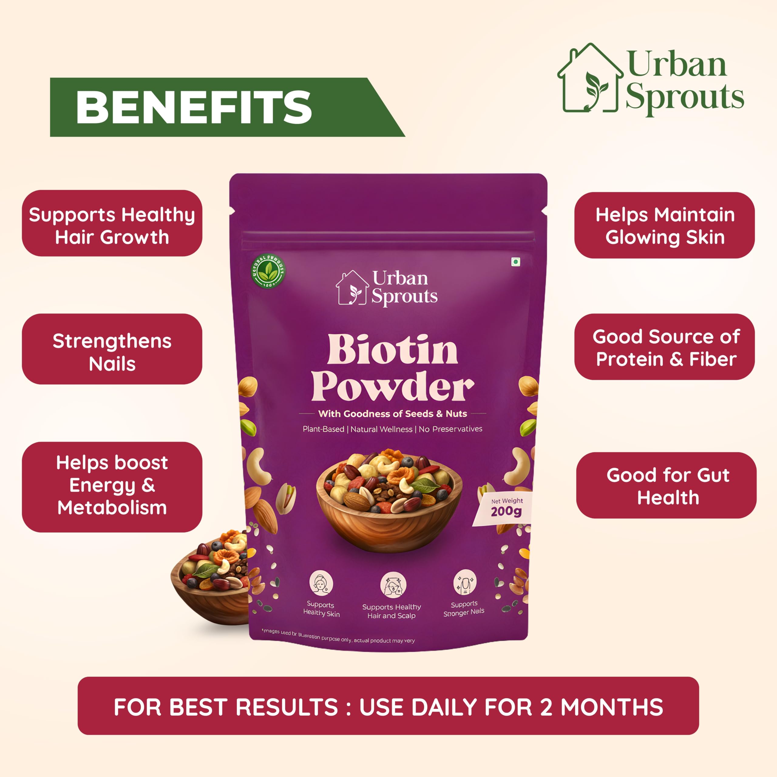 Biotin Powder | Plant-Based Nutrition Mix with Seeds, Nuts, Millets & Moringa | Natural Source of Vitamin B7 | Protein & Fiber Rich Superfood | No Preservatives | 200 Grams — Amazon image 3