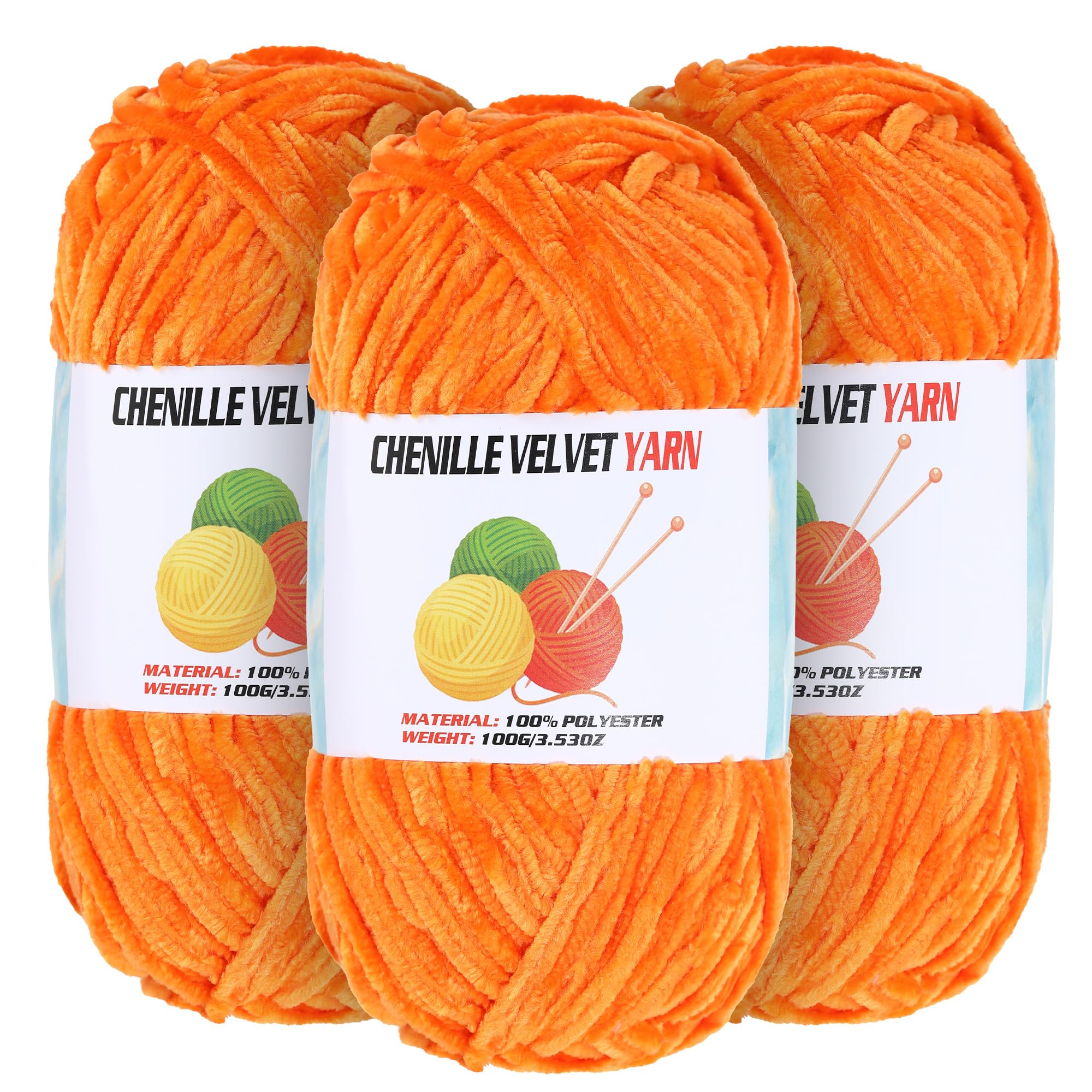 3 * 100g Velvet Chenille Chunky Yarn for Crocheting, Handcrafts Weaving Soft Chenille Yarn for Crocheting Clearance, Used for Making Baby Yarns Blanket, Clothes, Knitting Creations (Orange)