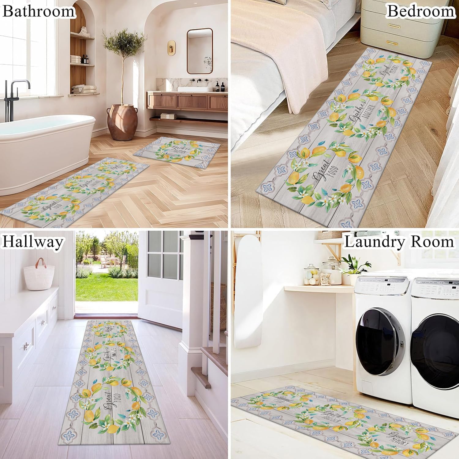 Lemon Kitchen Rugs Decor Sets of 2 Non Slip Washable Farmhouse Lemon Kitchen Mats for Floor 2 Piece Country Rustic Rug Mat Set Home Decorations