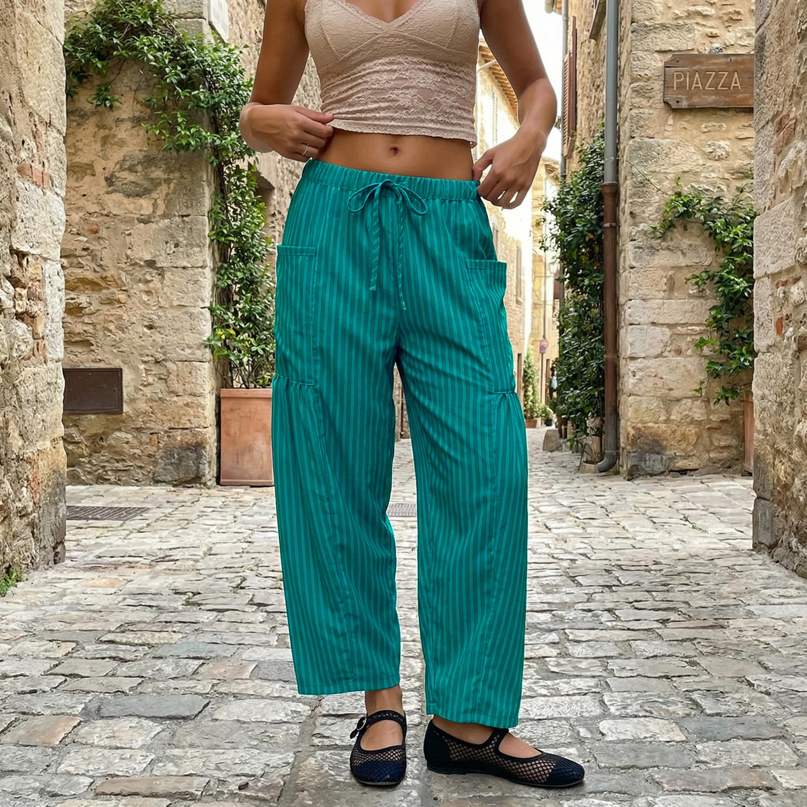 Sexy Outfit Pantalon Sarouel rayé en Coton et Lin pour Femmes, Ample, Jambes Larges, Cordon de Serrage, Pantalon de Plage avec Poches, vêtements de détente d'été