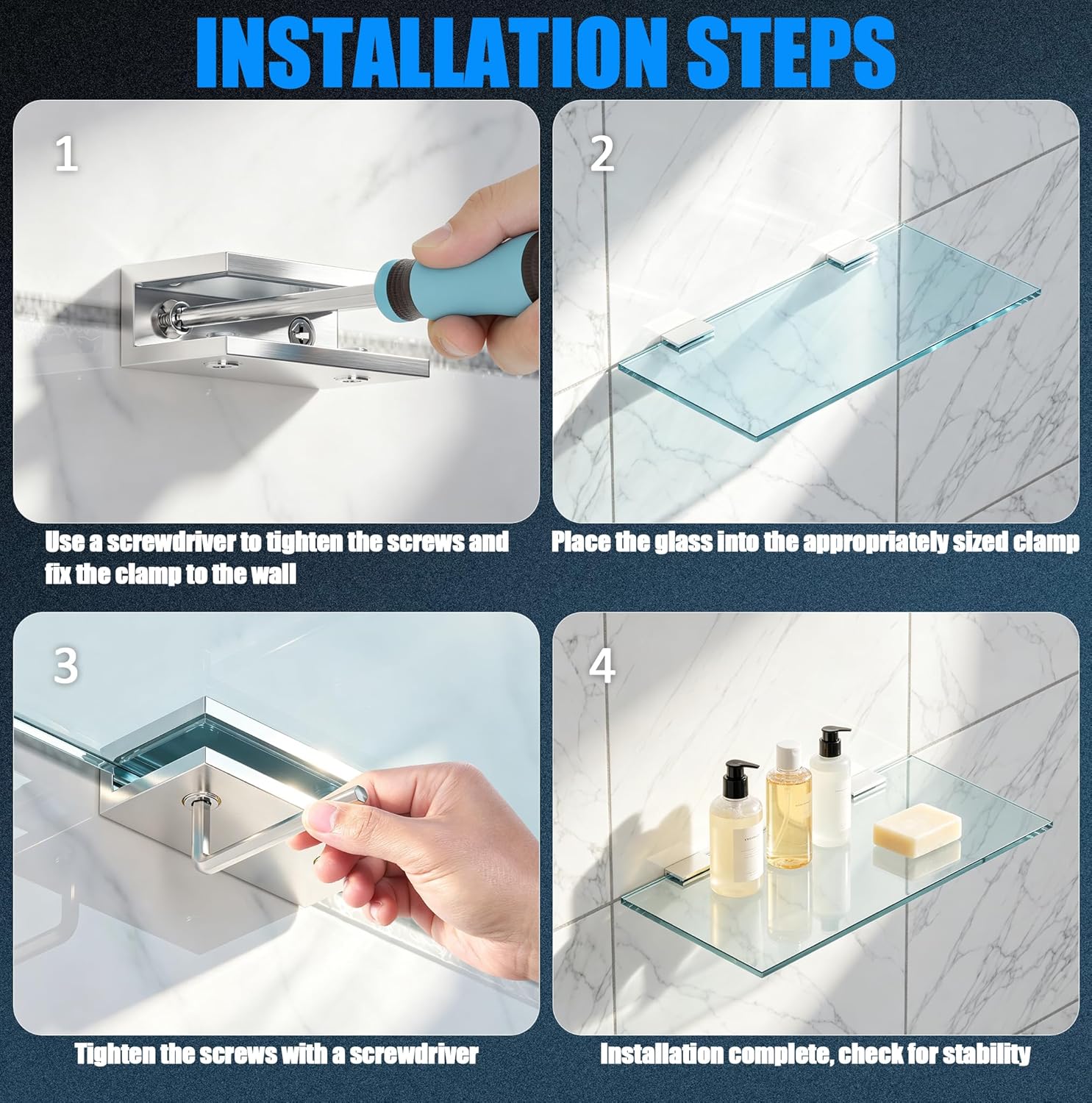 Ranbo 2 Pcs Solid Brass Glass Shelf Brackets, Heavy Duty 4mm Thick Design，for 1/4" to 1/2" Frameless Glass Panels, Wall Mount Support Clips for Shower and Shelves, Brushed Silver