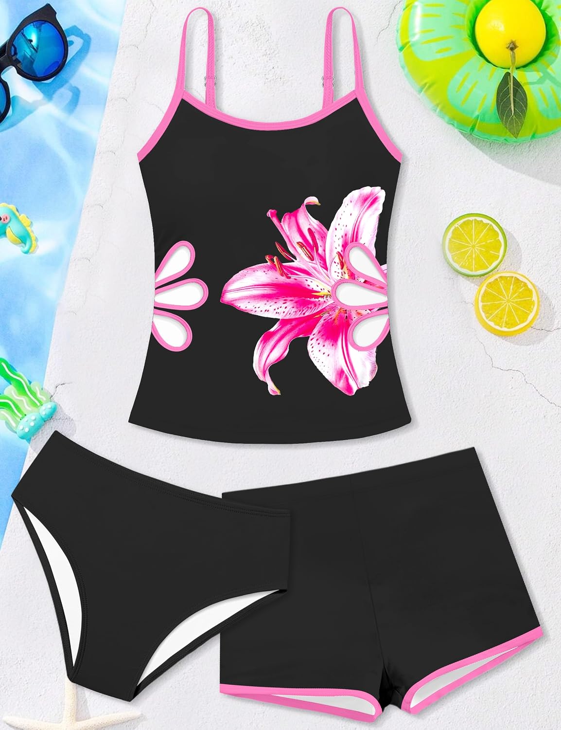 AGAPENG Girls Tankini Swimsuit 3 Piece Bathing Suit Adjustable Straps Cut Out Tankinis Set with Shorts Girls' Swimwear 9-16Y