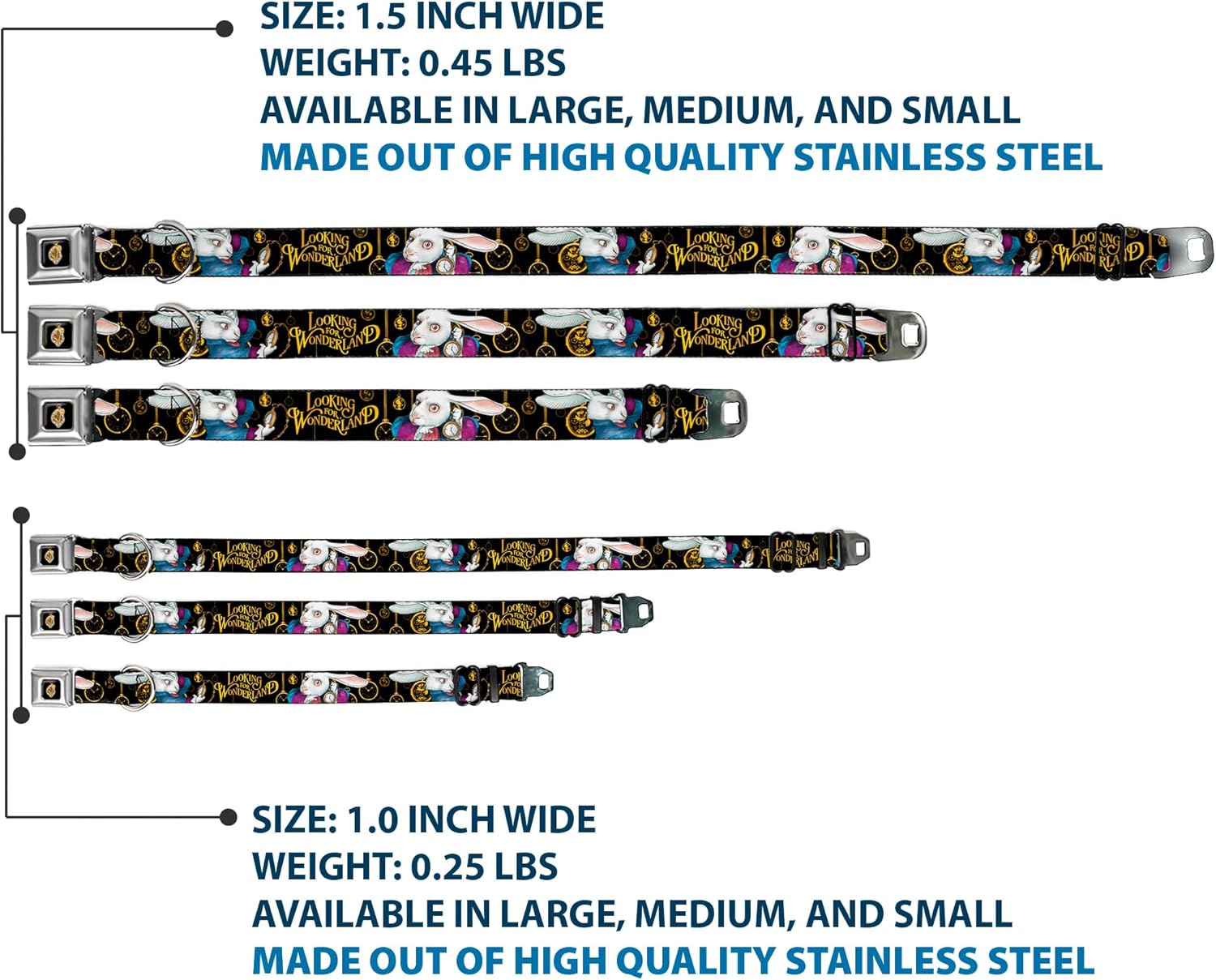 Buckle-Down Dog Collar Seatbelt Buckle White Rabbit Poses Looking for Wonderland Clocks Black Golds, Multicolor, 1" Wide - Fits 15-26" Neck - Large (DC-WDY314-L)