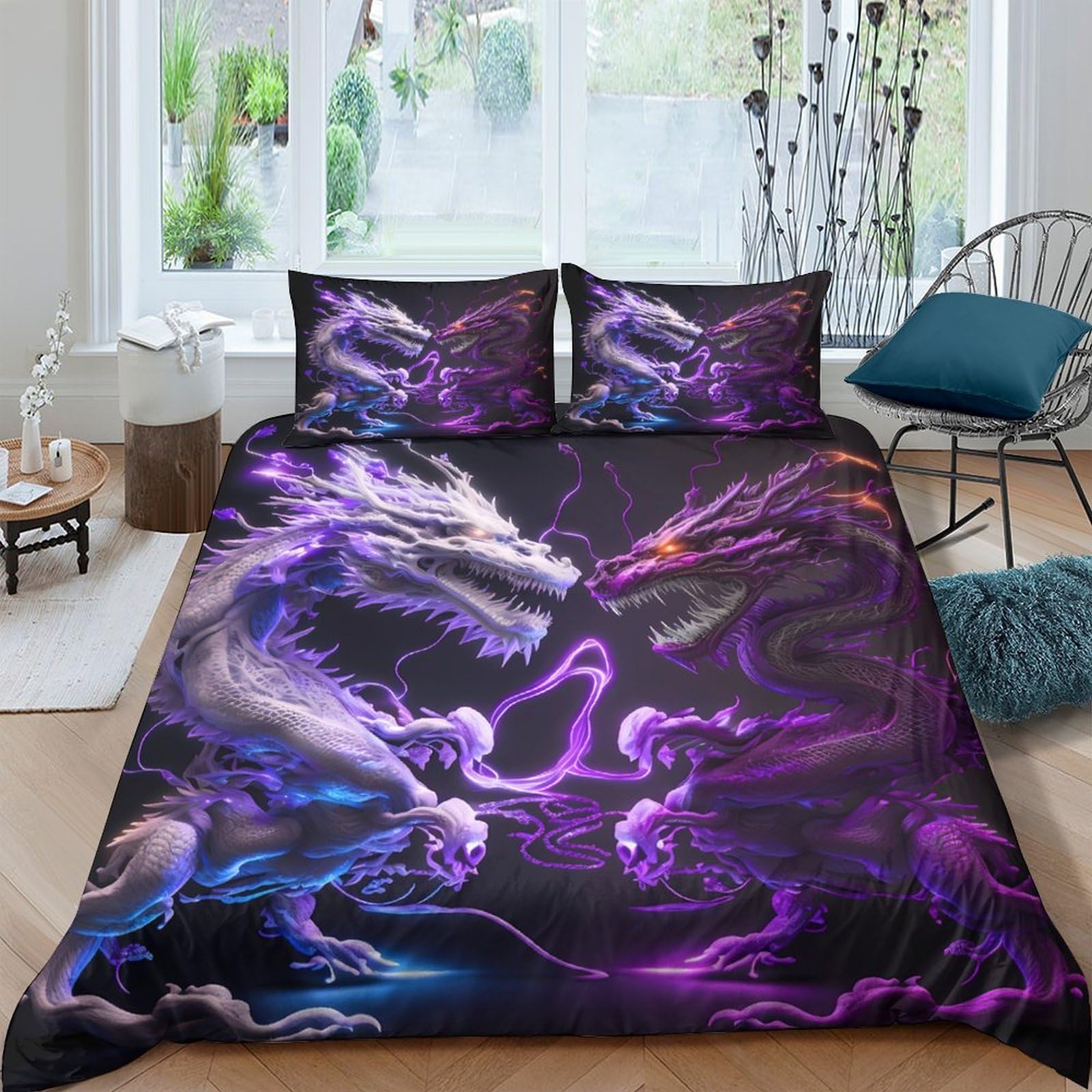 GPLZQXKJNH 3D Printed Dragon Battle Duvet Cover Set Microfiber Soft Purple Black Fire Bedding Set with 2 Pillowcases for Bedroom Decor Single（135x200cm）
