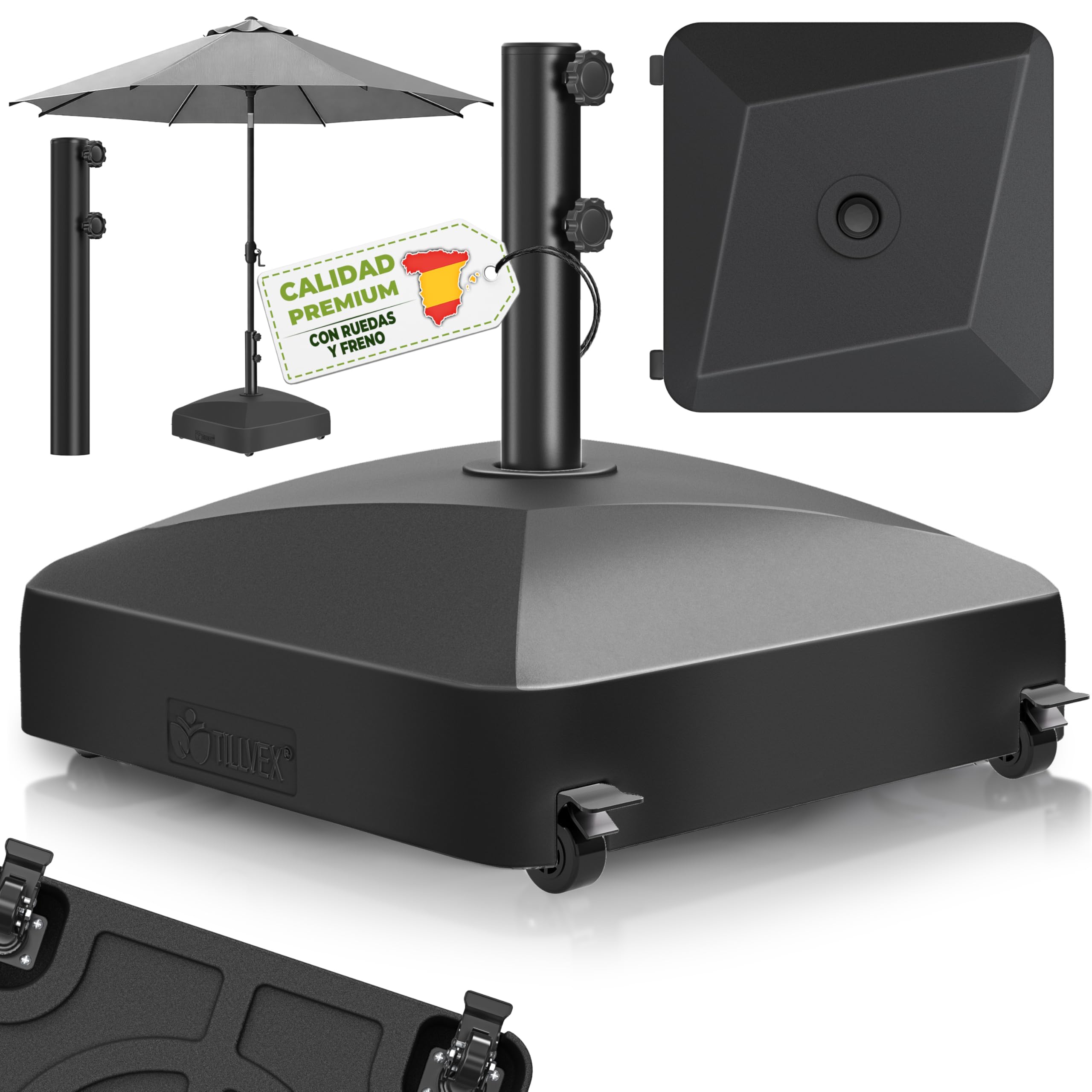 tillvex® Base de sombrilla GRAVIA con Ruedas y Frenos | Soporte de lastre rellenable 37L / 56kg | Pie para Parasol y sombrilla de Mercado Ø 1,8-3,7m | Resistente a la Intemperie y UV (Gris) — view 9