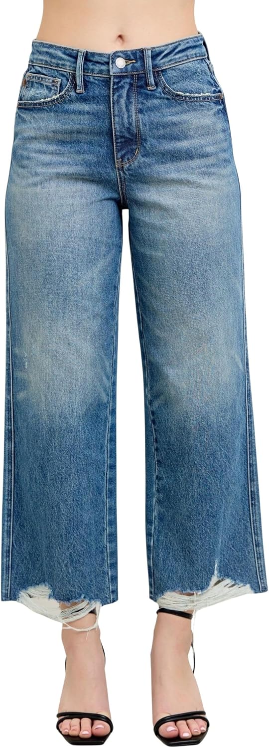 Judy Blue Women's Rigid Magic High-Rise Destroyed Hem Cropped Wide Leg Jeans