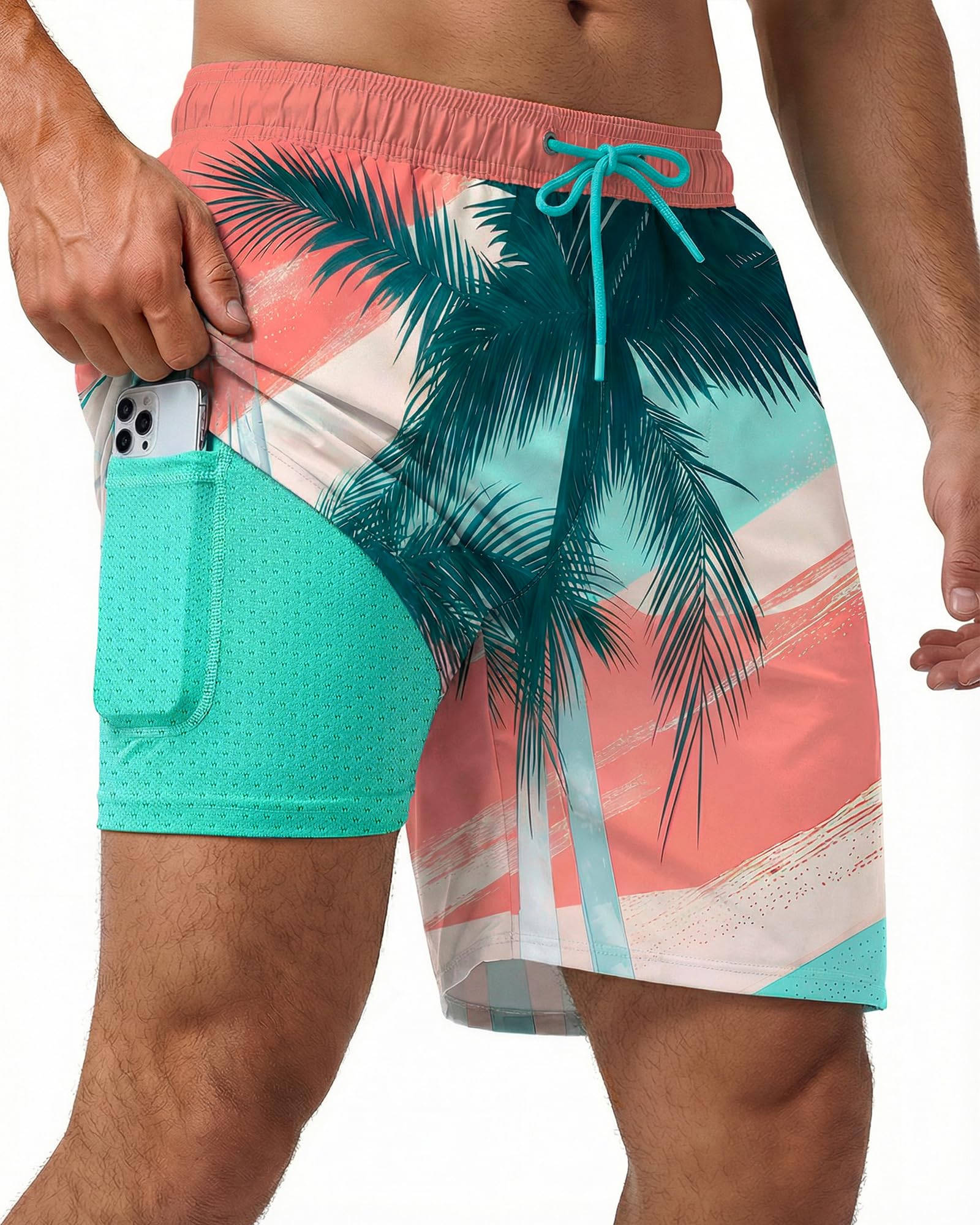 7 Inch 7in Men Swim Trunks mid-thigh Compression Liner Quick Dry Drawstring Male Swimwear Swimsuit Swimtrunks Boardshorts Bathing Fair Beach Water Shorts Zipper Mesh Lined Inseam Harbor Coral Palm