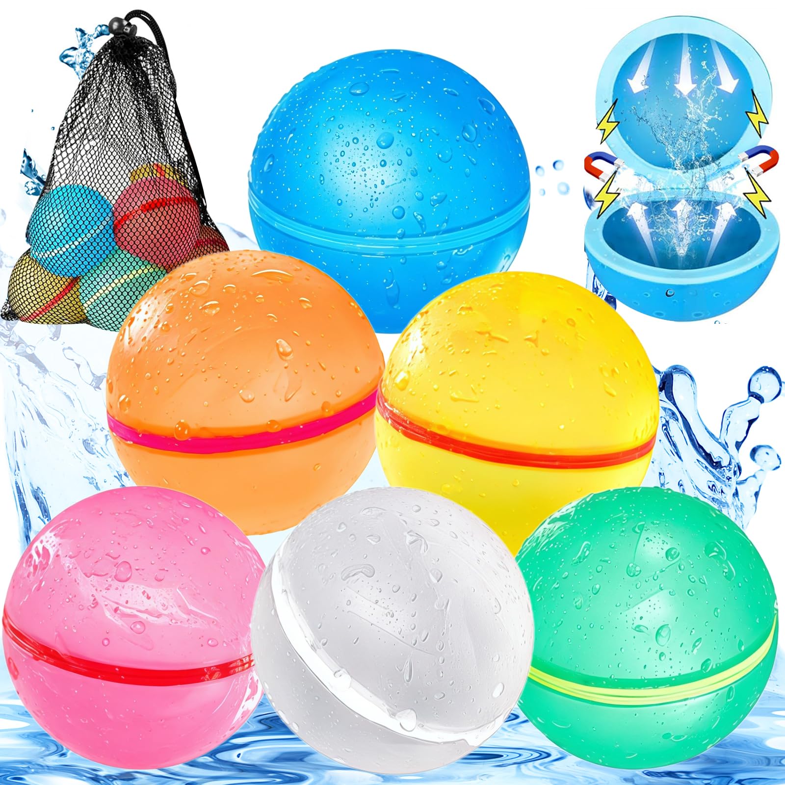 Reusable Water Balloons - 6PCS Fast Fillable Water Bombs,Self Closing Magnetic Spray Ball silicone Water Balls,For Kids,Adults, Beach,Pool Party Beach Water Toys