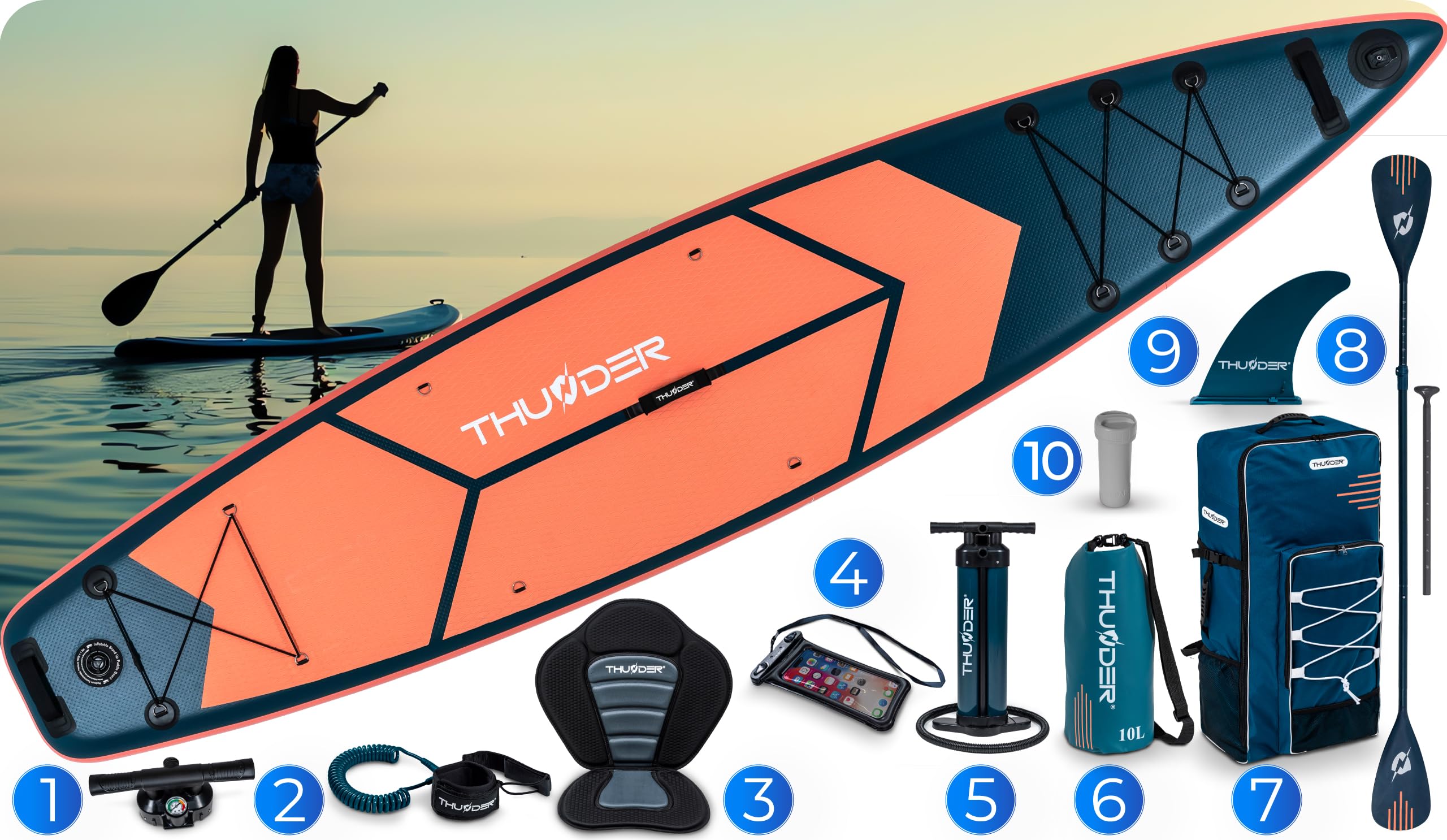 THUNDER Sup Gonflable 365 cm avec Siège Kayak & Support Caméra – Set Touring Complet avec Pompe, Pagaie & Sac à roulettes – Sup Pro jusqu'à 150 kg