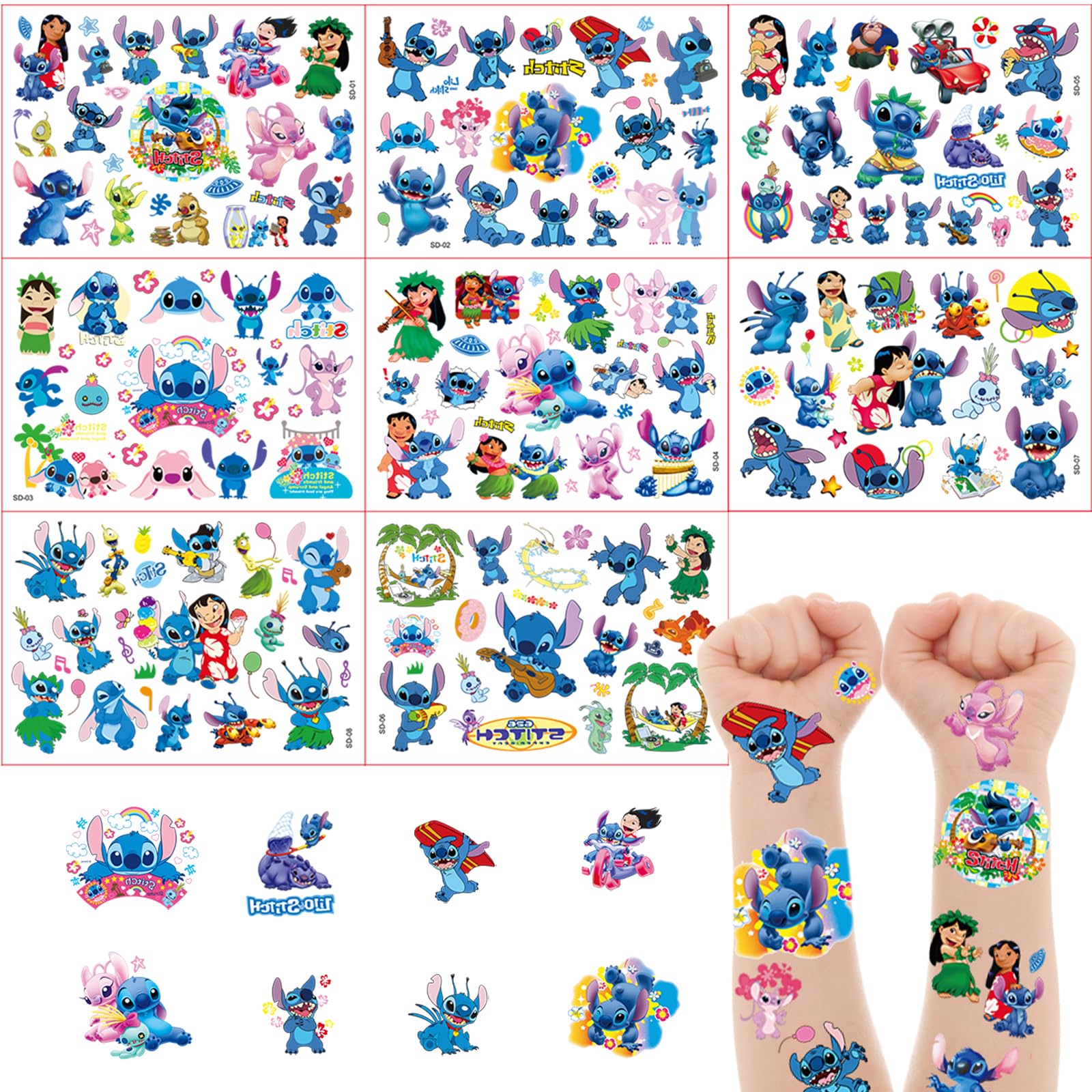 Stit-ch Temporäre Tattoos für Kinder - 8 Blätter Mit 180+ Karikaturen für Jungen, Kindergeburtstag Party Deko, Hautfreundlich