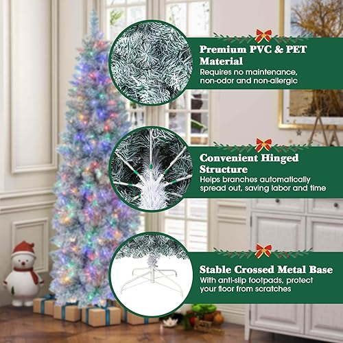 Miniatura 6 de Goplus Árbol de Navidad artificial preiluminado de 6 pies, árbol de Navidad delgado con bisagras con 250 luces LED multicolor, 475 puntas de rama,