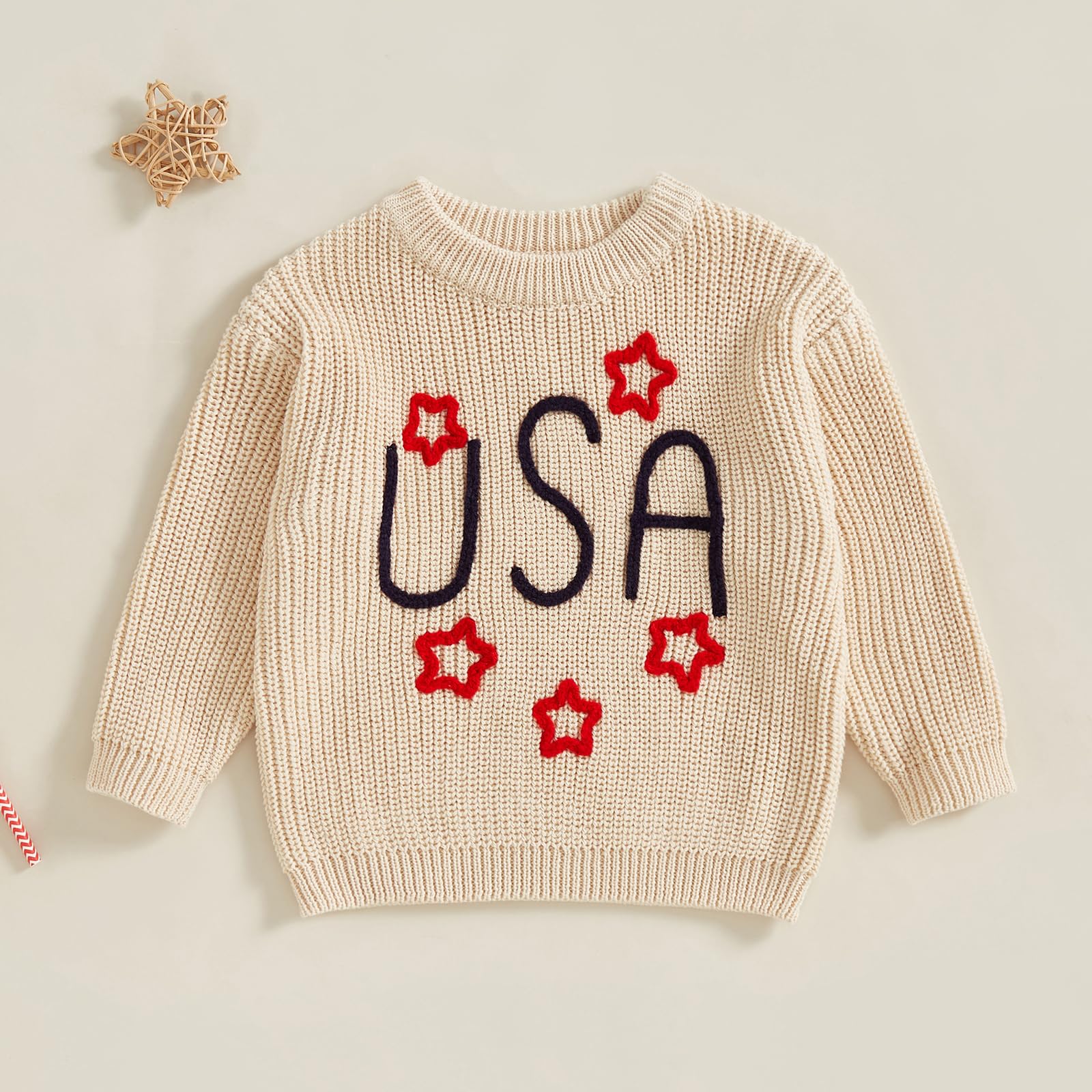 Toddler Baby Boys Girls 4th of July Sweater USA Stars Embroidery Long Sleeve Crewneck Pullover Knit Top (Beige, 6-9 Months)